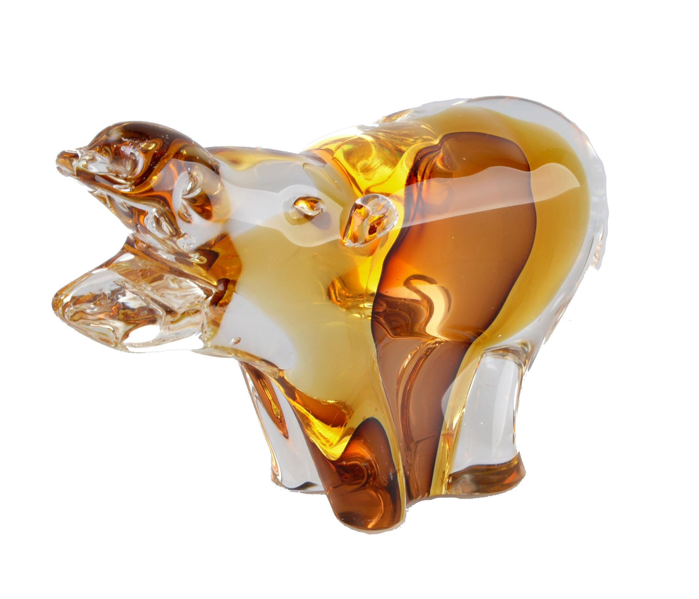 Lovely Italian blown Murano art glass hippopotamus in clear and amber glass, River Horse, Hippo.
One of a kind animal glass sculpture.