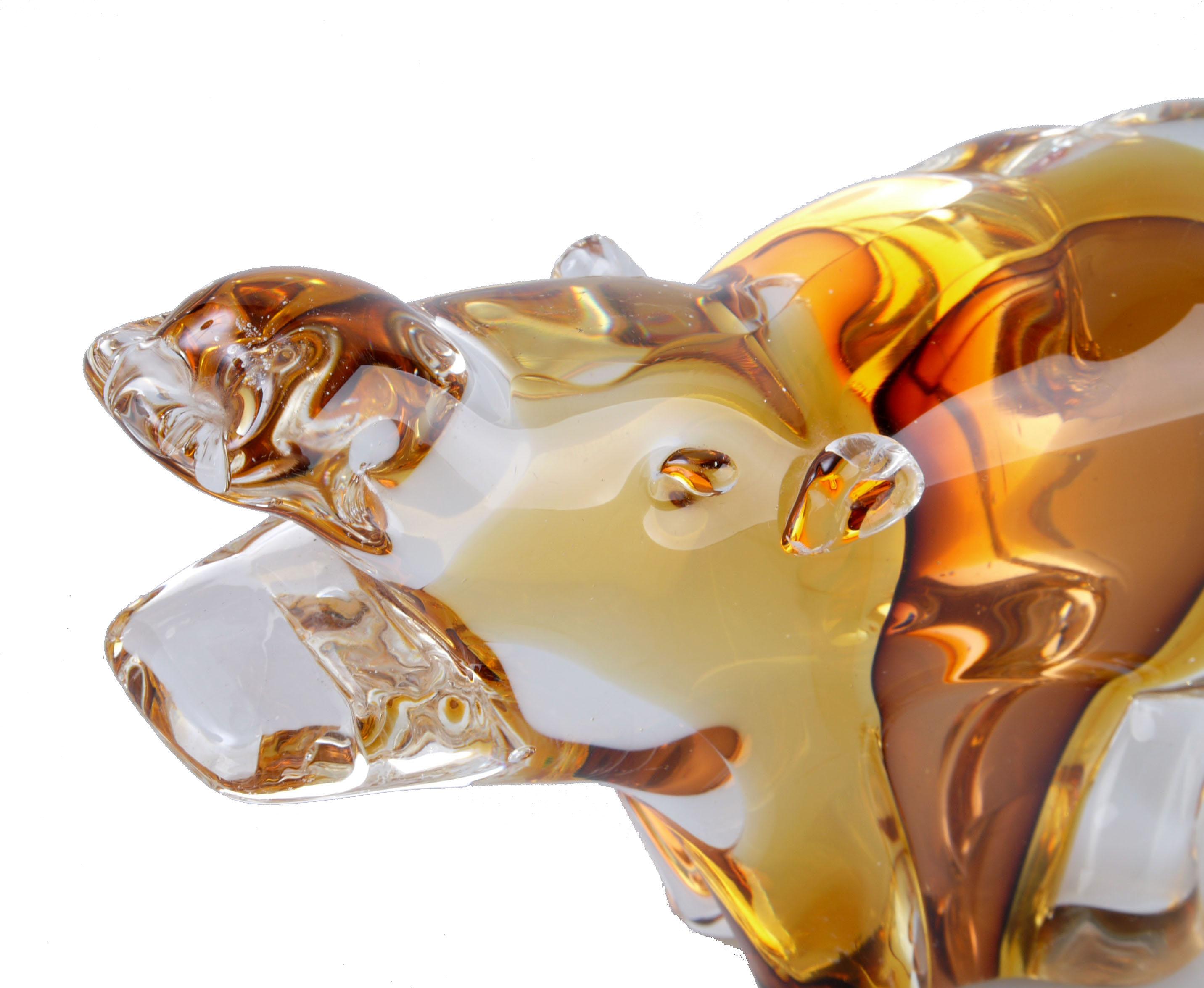 Mid-Century Modern Italian Blown Murano Art Glass Hippopotamus in Clear & Amber Glass, River Horse