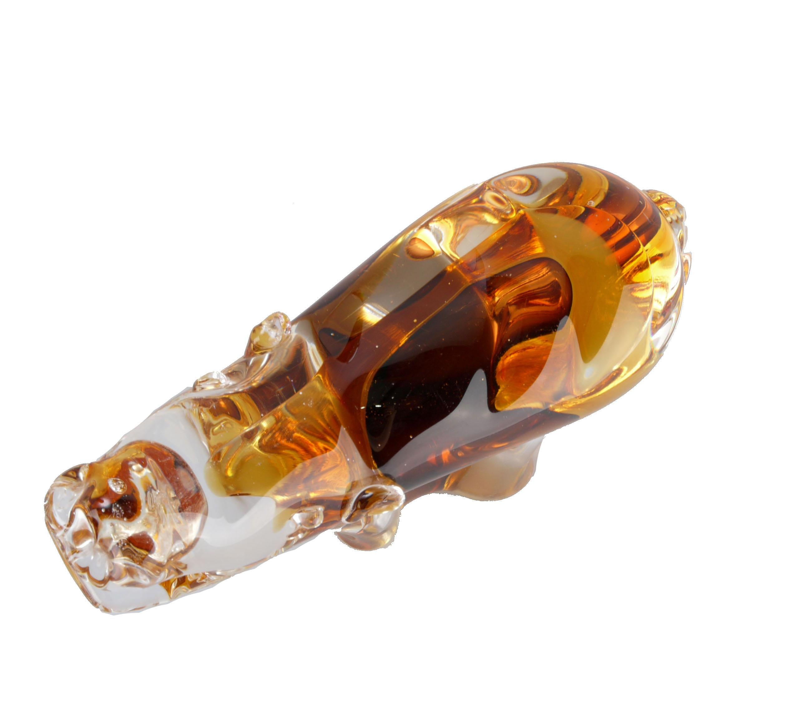 Hand-Crafted Italian Blown Murano Art Glass Hippopotamus in Clear & Amber Glass, River Horse
