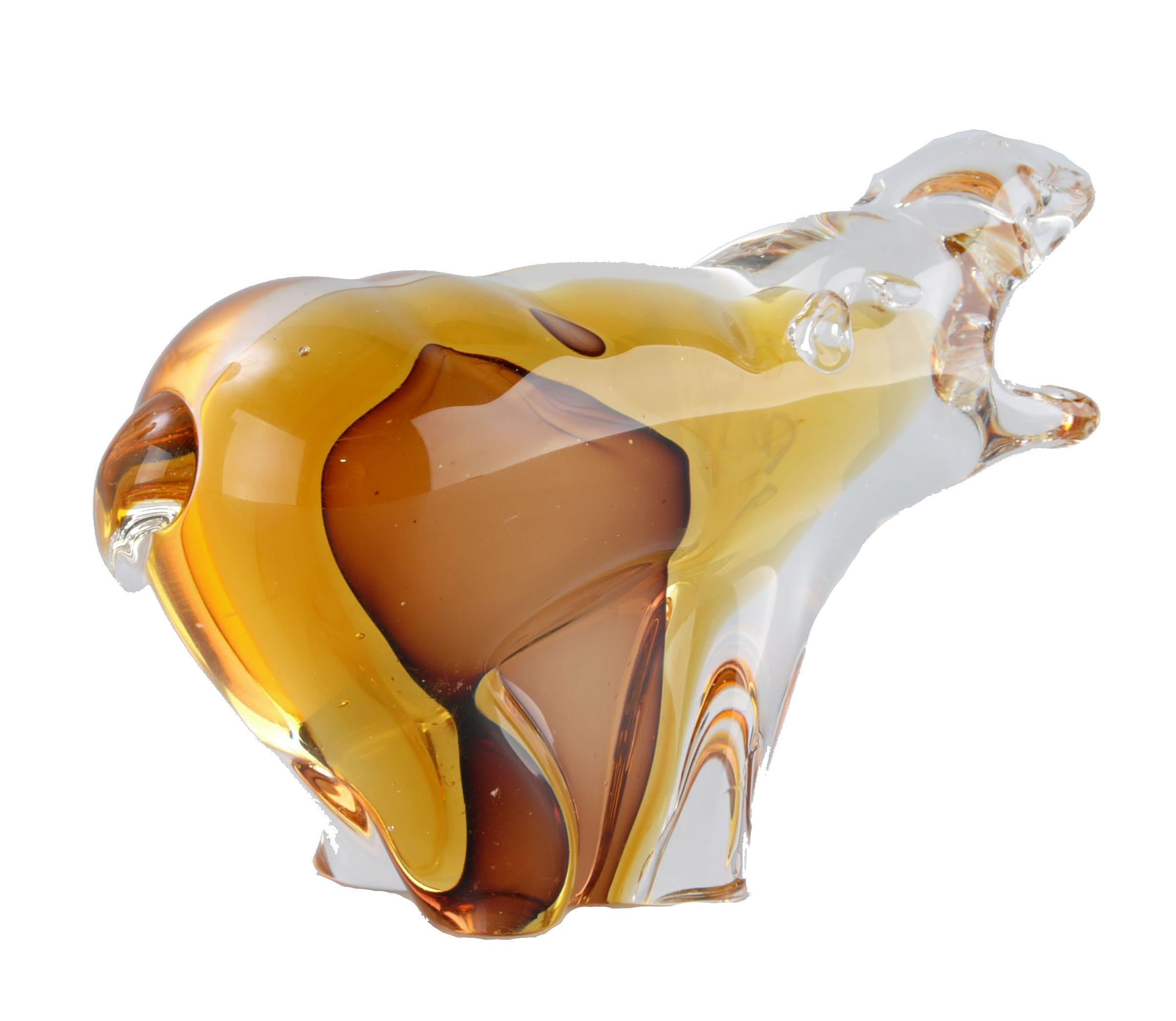 Italian Blown Murano Art Glass Hippopotamus in Clear & Amber Glass, River Horse In Good Condition In Miami, FL