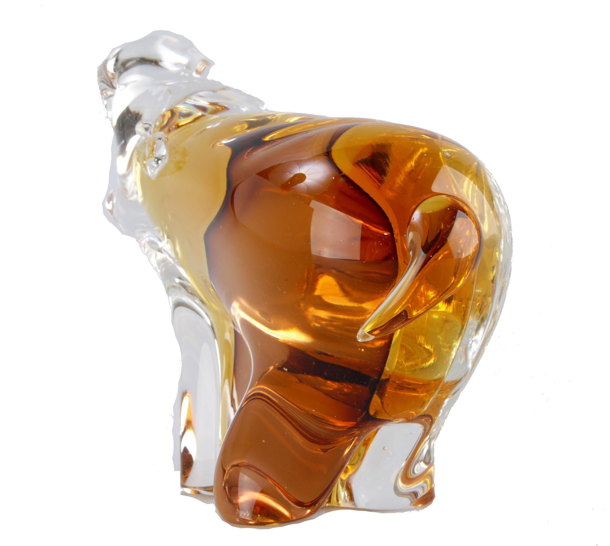 20th Century Italian Blown Murano Art Glass Hippopotamus in Clear & Amber Glass, River Horse