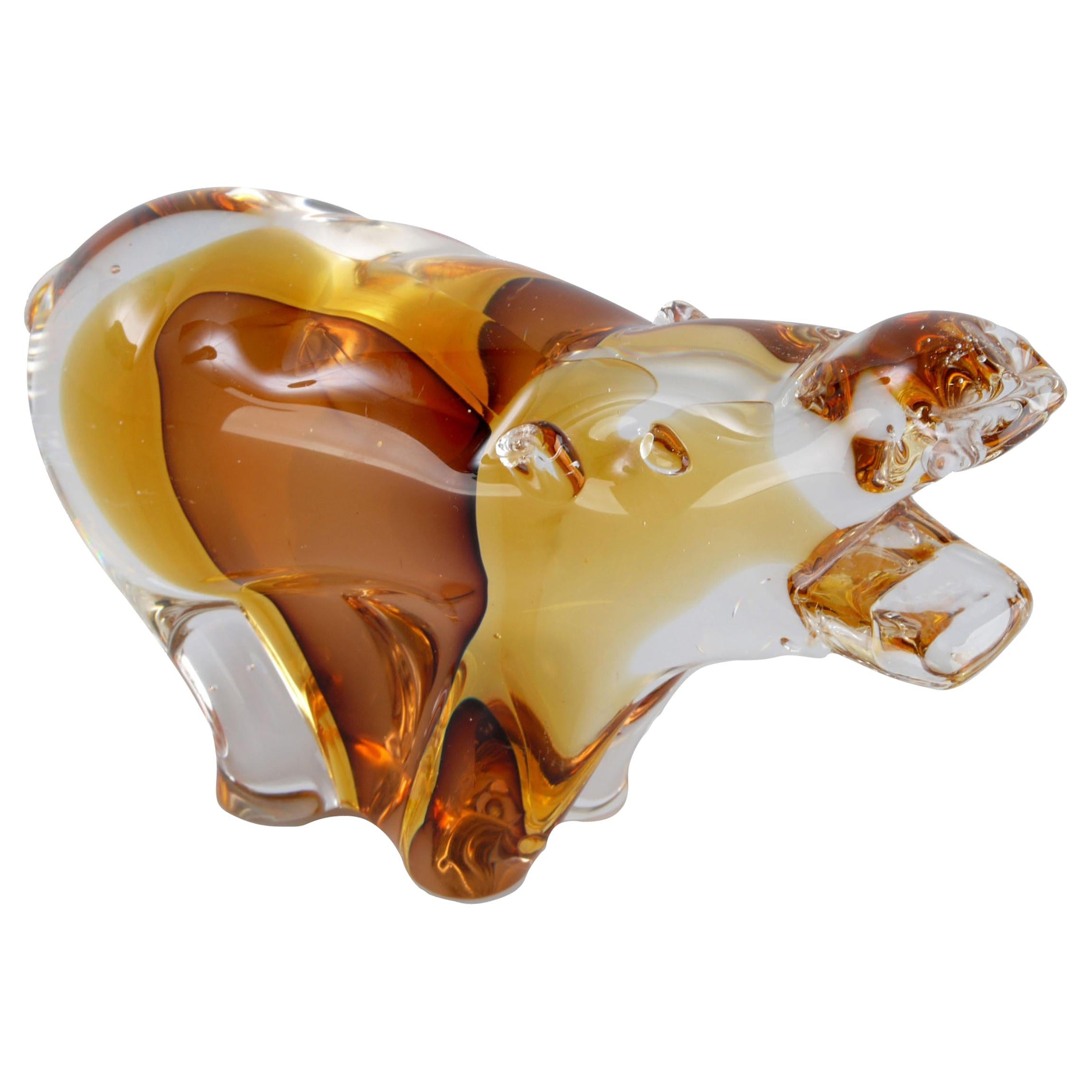 Italian Blown Murano Art Glass Hippopotamus in Clear & Amber Glass, River Horse