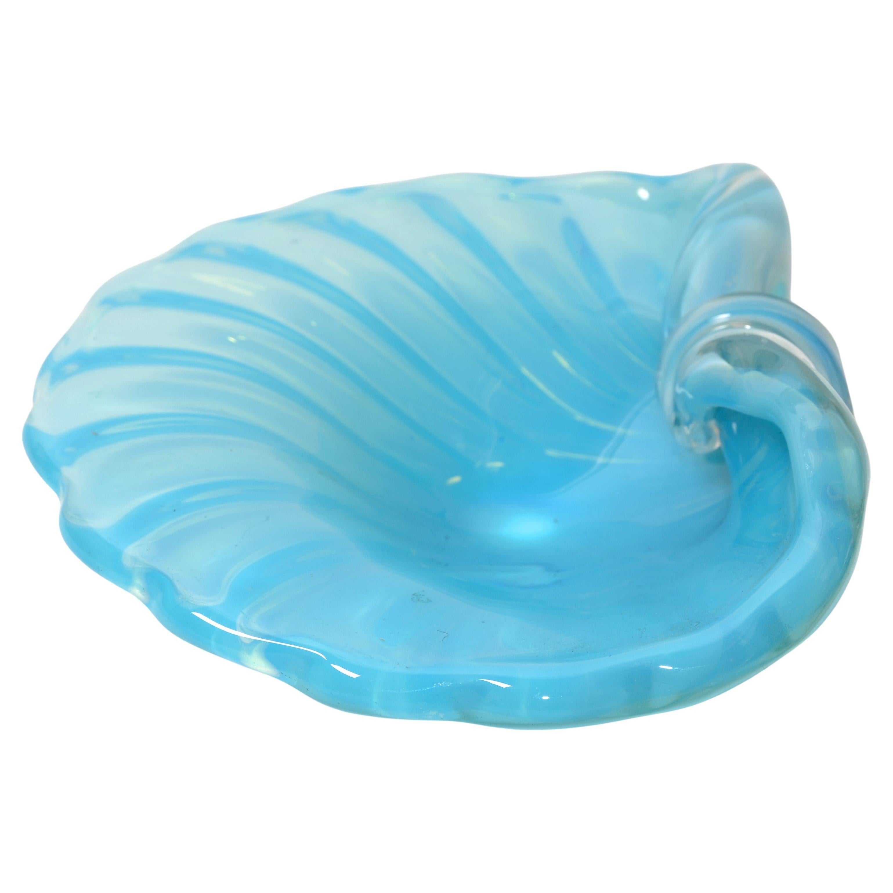 Italian Blown Murano Glass Blue Goldenrod Clam Shell Shaped Catchall Bowl For Sale
