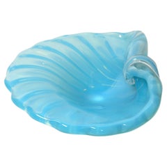 Vintage Italian Blown Murano Glass Blue Goldenrod Clam Shell Shaped Catchall Bowl