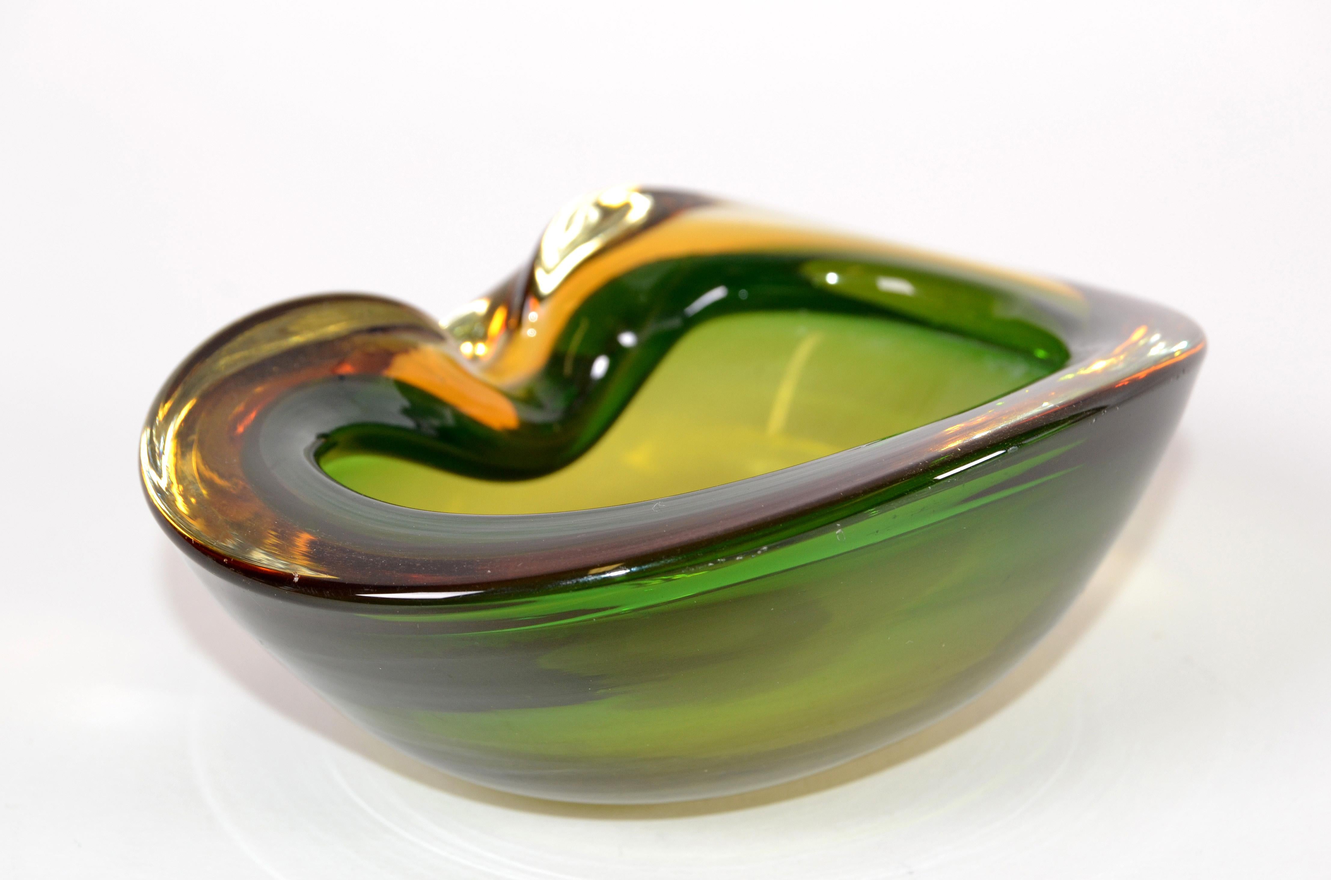 Italian Blown Murano Glass Green and Amber Oval Shaped Catchall, Bowl, Ashtray 1