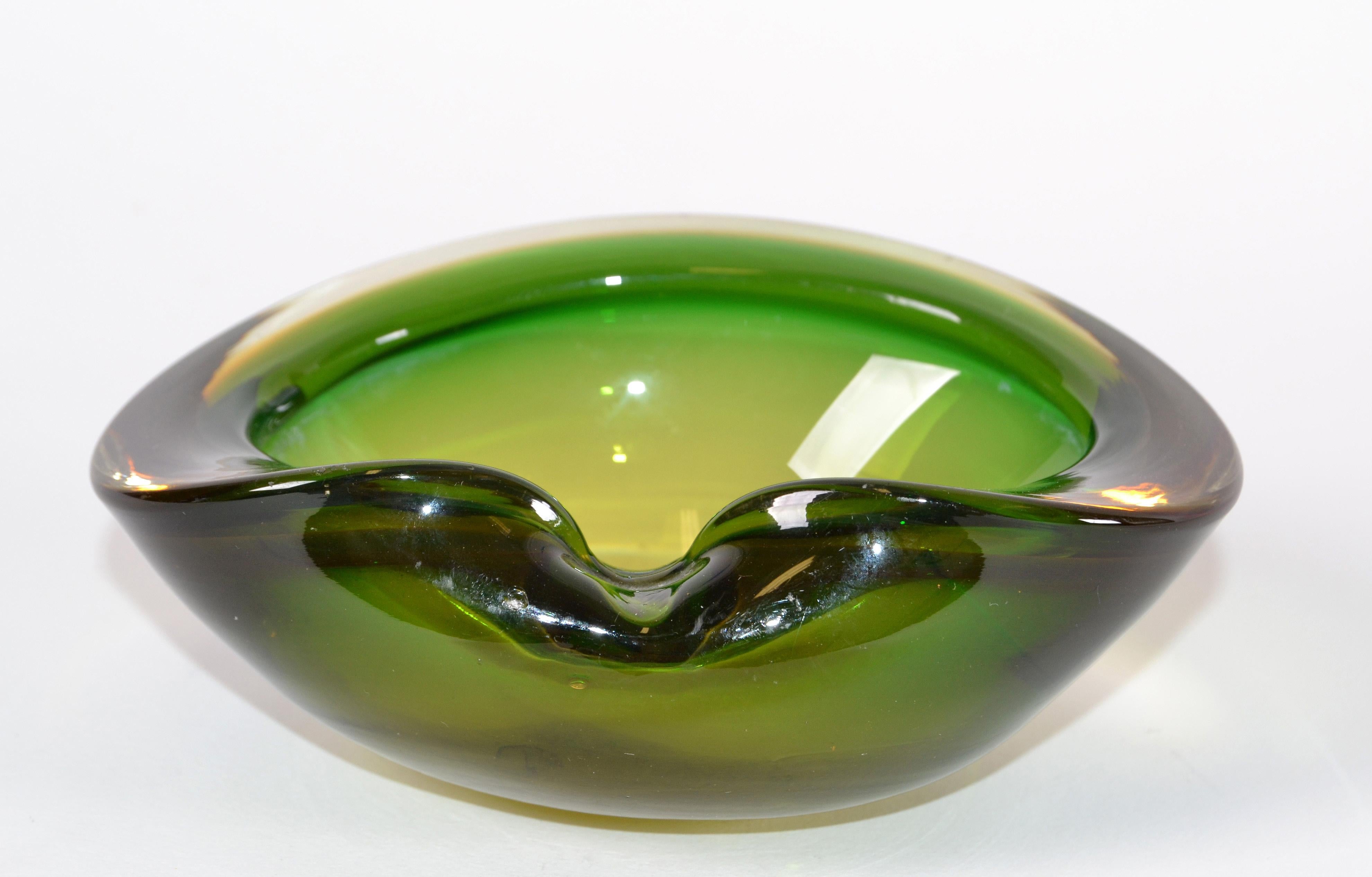 Mid-Century Modern Italian Blown Murano Glass Green and Amber Oval Shaped Catchall, Bowl, Ashtray