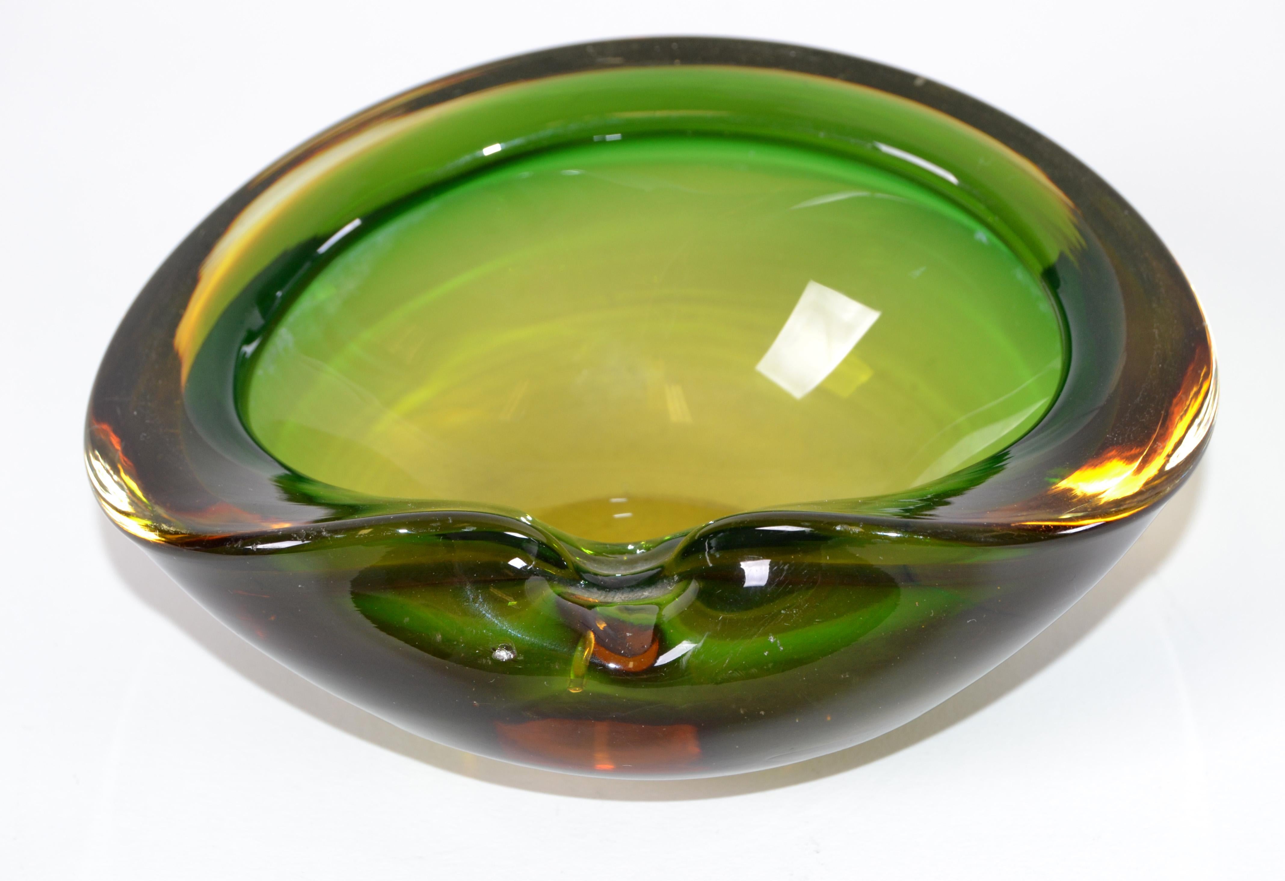Hand-Crafted Italian Blown Murano Glass Green and Amber Oval Shaped Catchall, Bowl, Ashtray