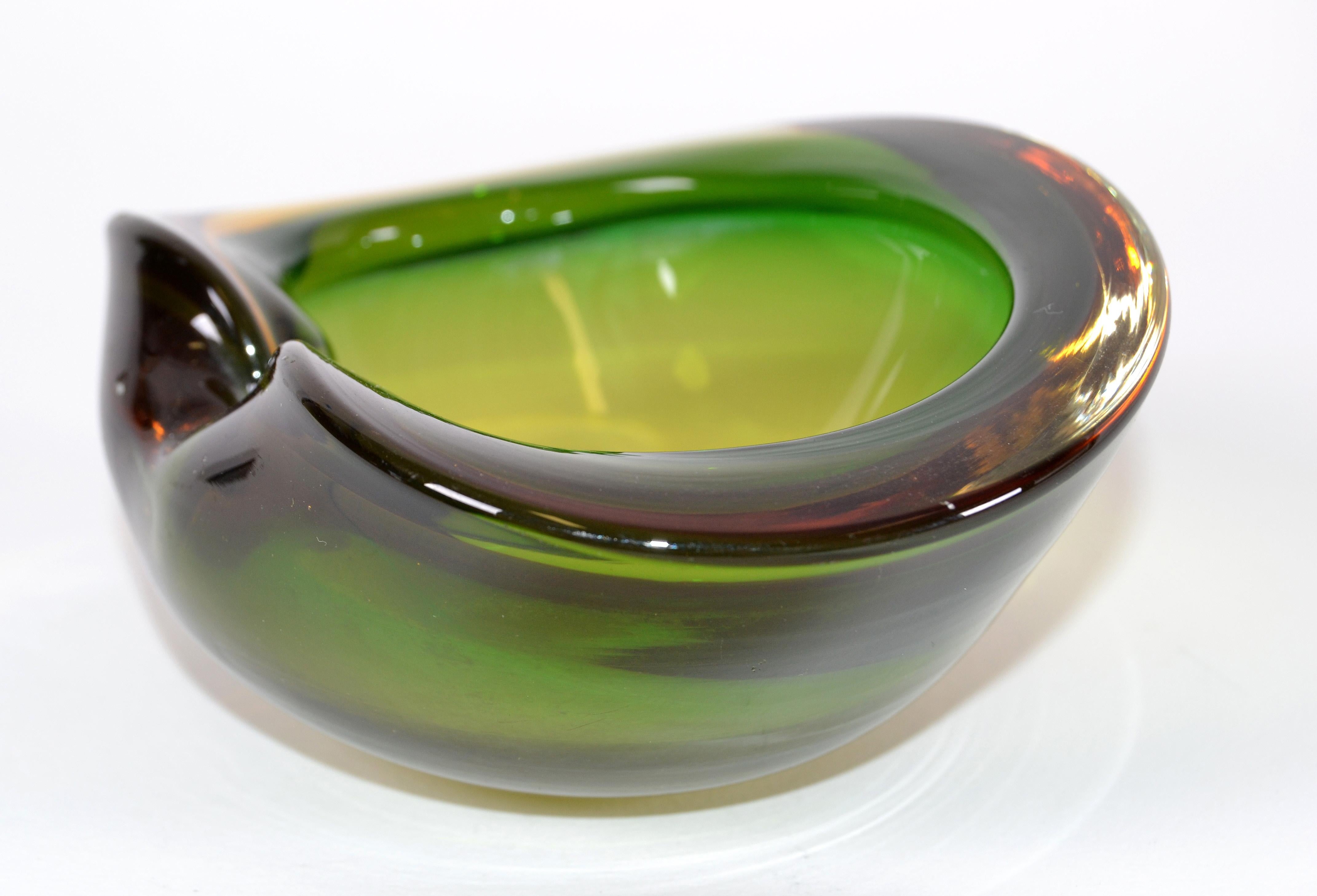 Italian Blown Murano Glass Green and Amber Oval Shaped Catchall, Bowl, Ashtray In Good Condition In Miami, FL