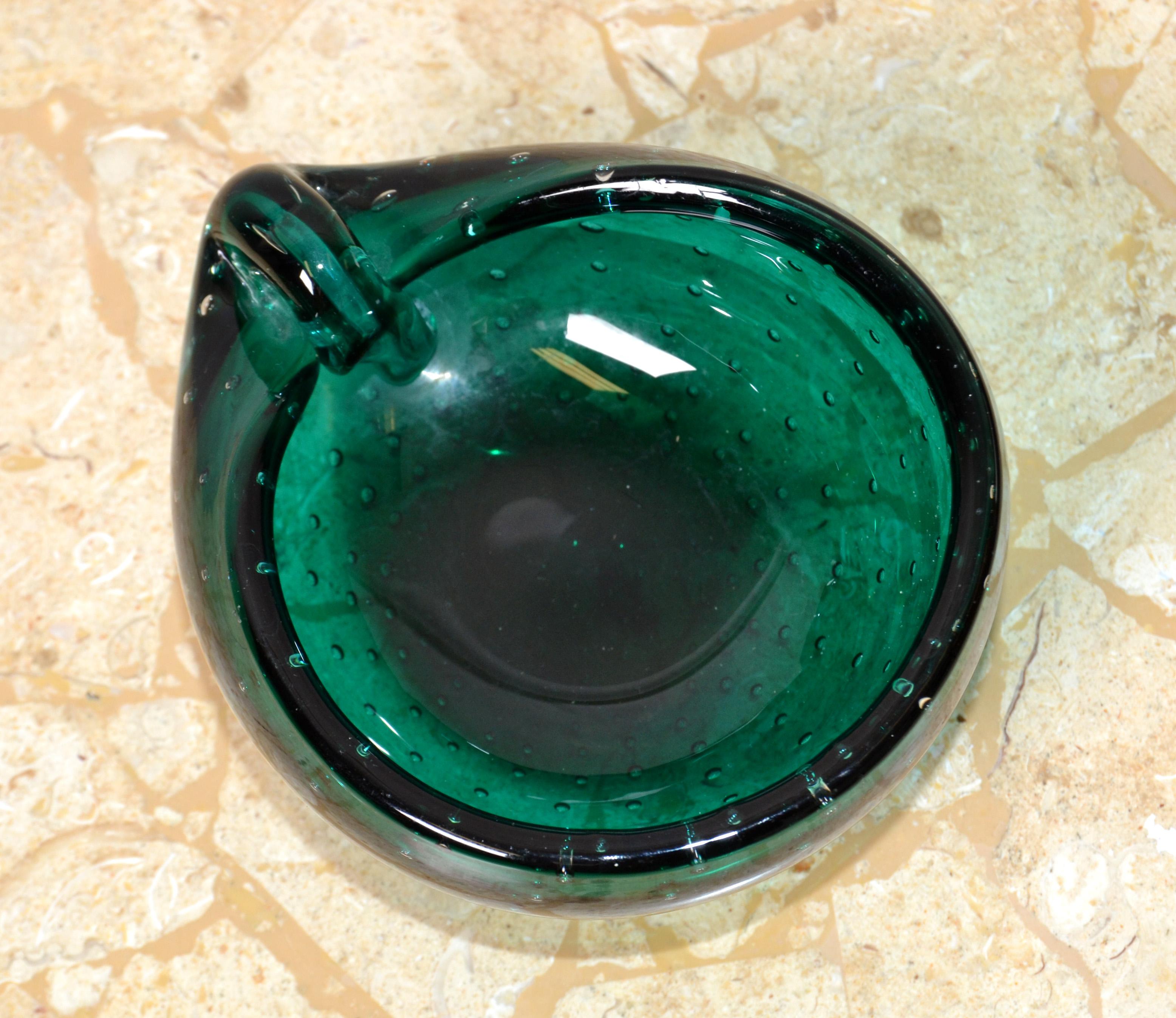 Hand-Crafted Italian Blown Murano Glass Green Bubble Oval Shaped Catchall, Bowl, Ashtray For Sale