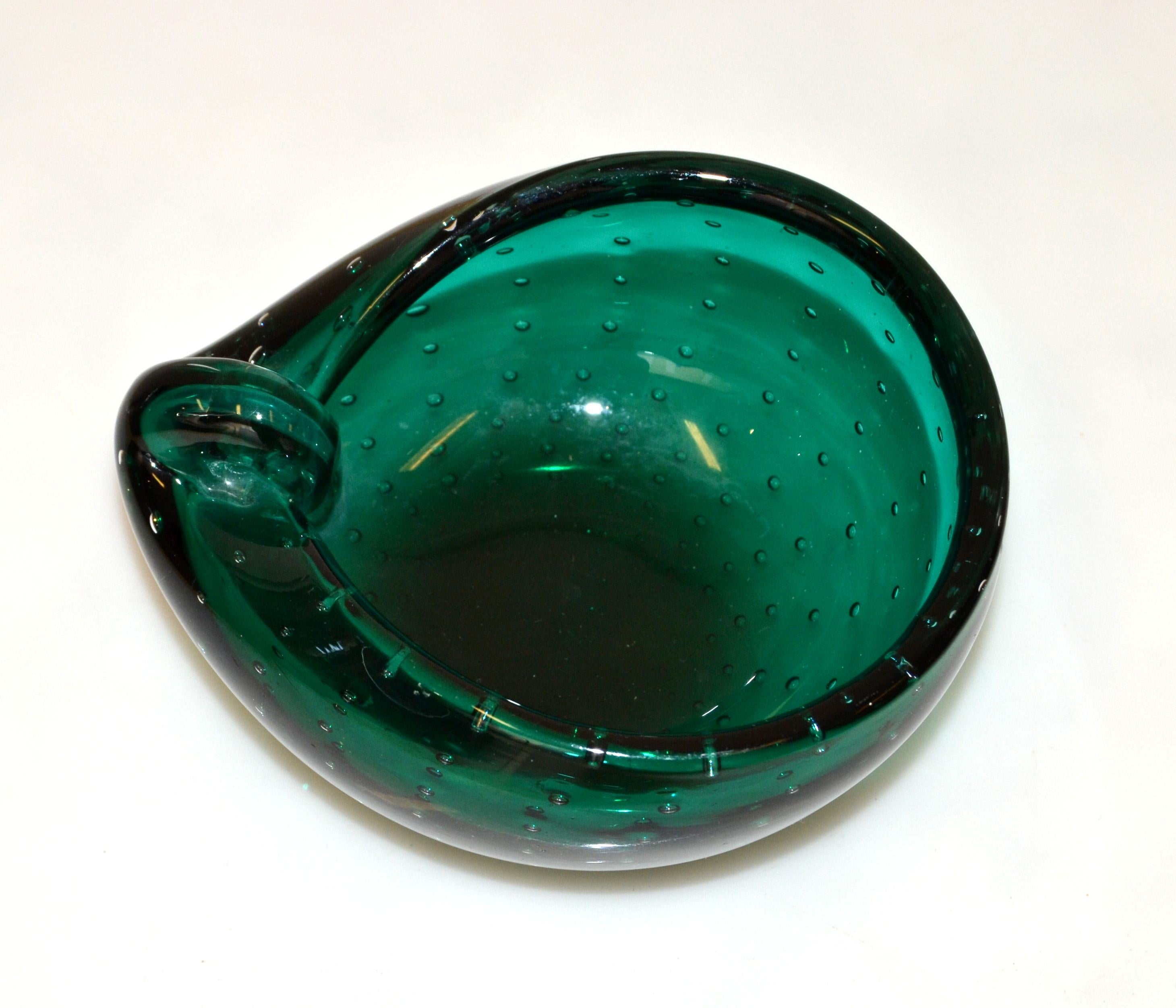 Italian Blown Murano Glass Green Bubble Oval Shaped Catchall, Bowl, Ashtray In Good Condition For Sale In Miami, FL