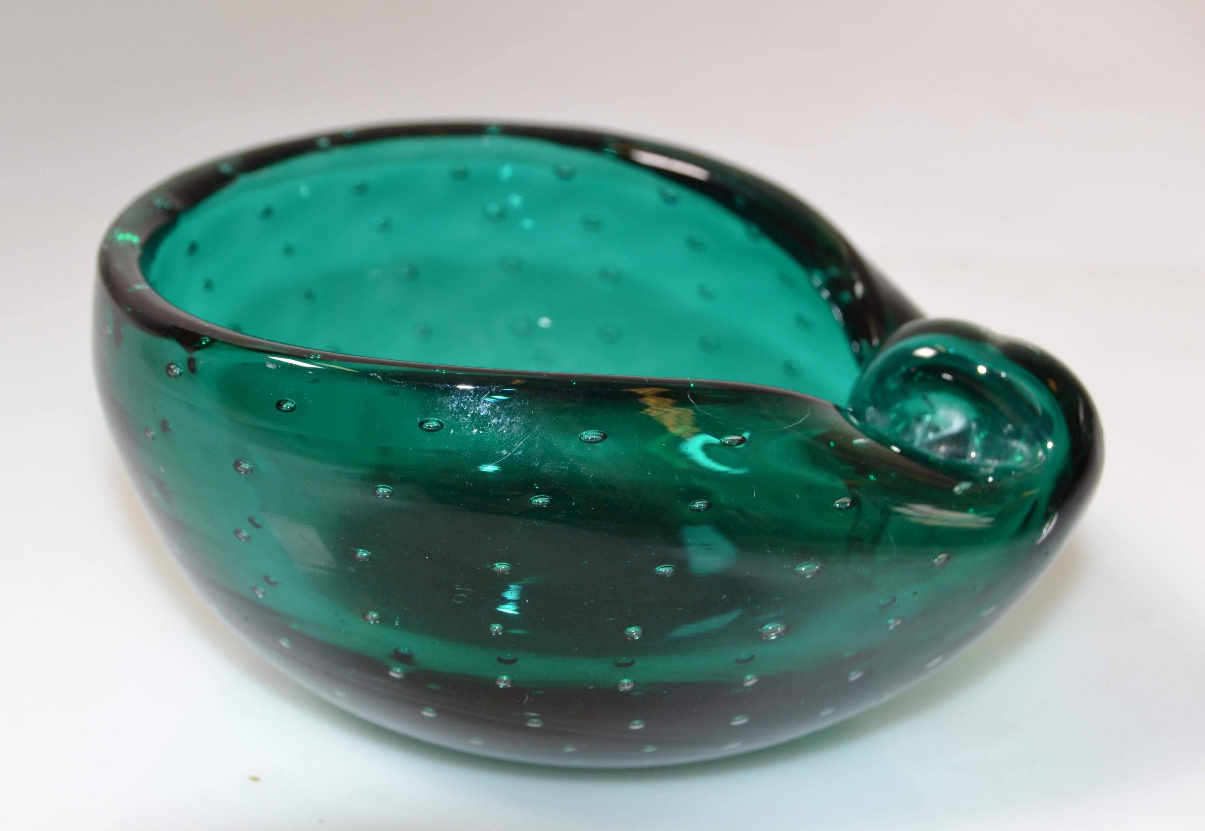 Late 20th Century Italian Blown Murano Glass Green Bubble Oval Shaped Catchall, Bowl, Ashtray For Sale