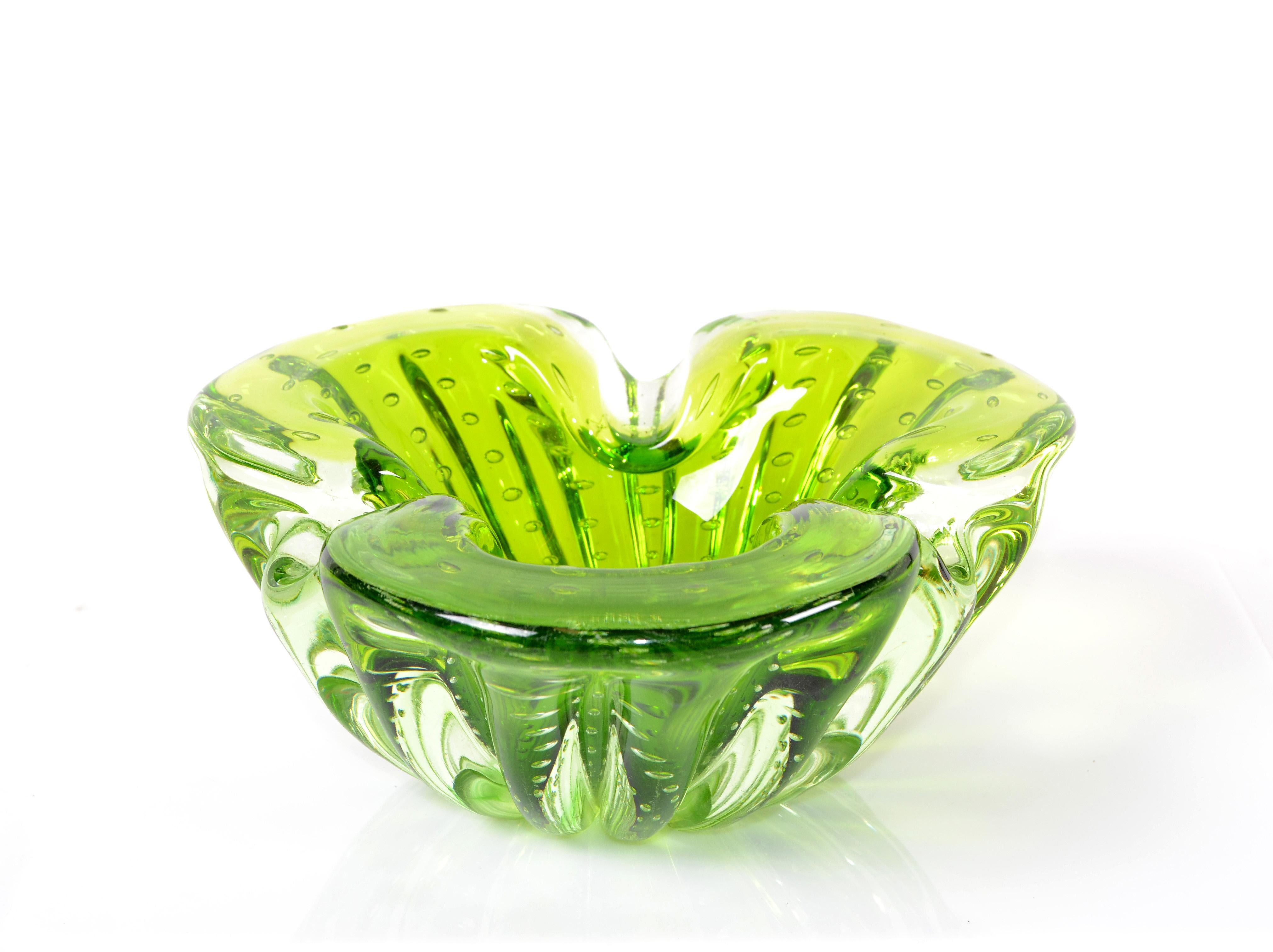 Italian Blown Murano Glass Neon Green Controlled Bubble Catchall, Bowl, Ashtray 3