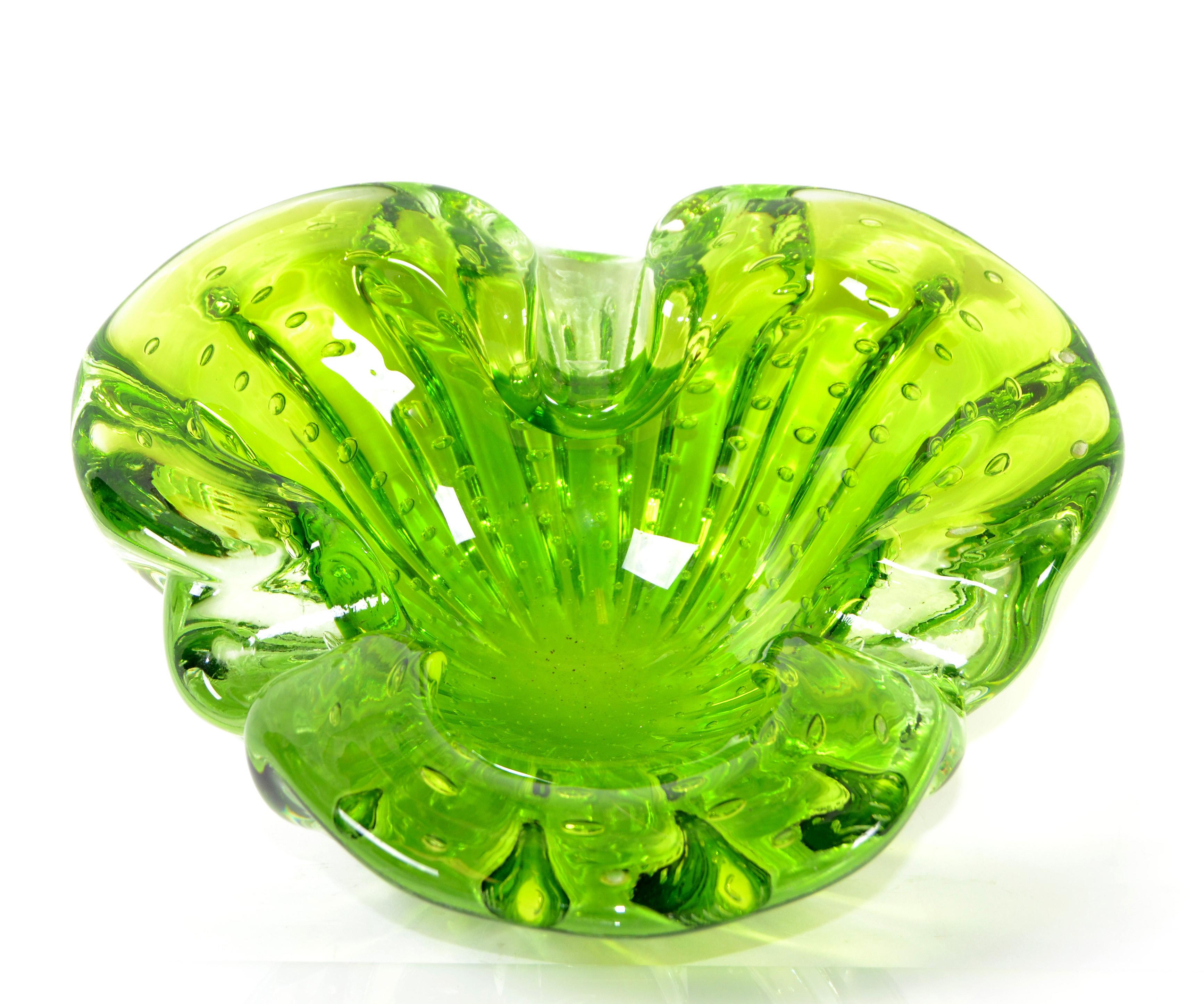 Italian Blown Murano Glass Neon Green Controlled Bubble Catchall, Bowl, Ashtray 5