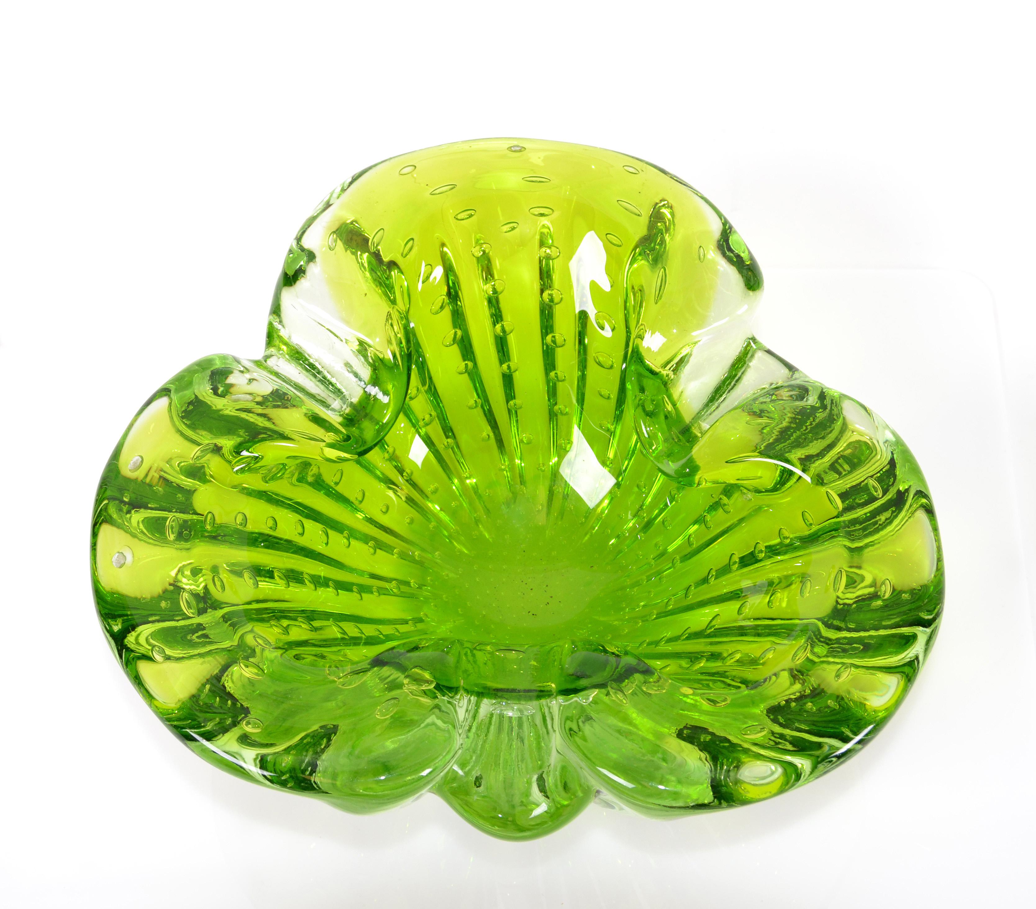 Hand-Crafted Italian Blown Murano Glass Neon Green Controlled Bubble Catchall, Bowl, Ashtray