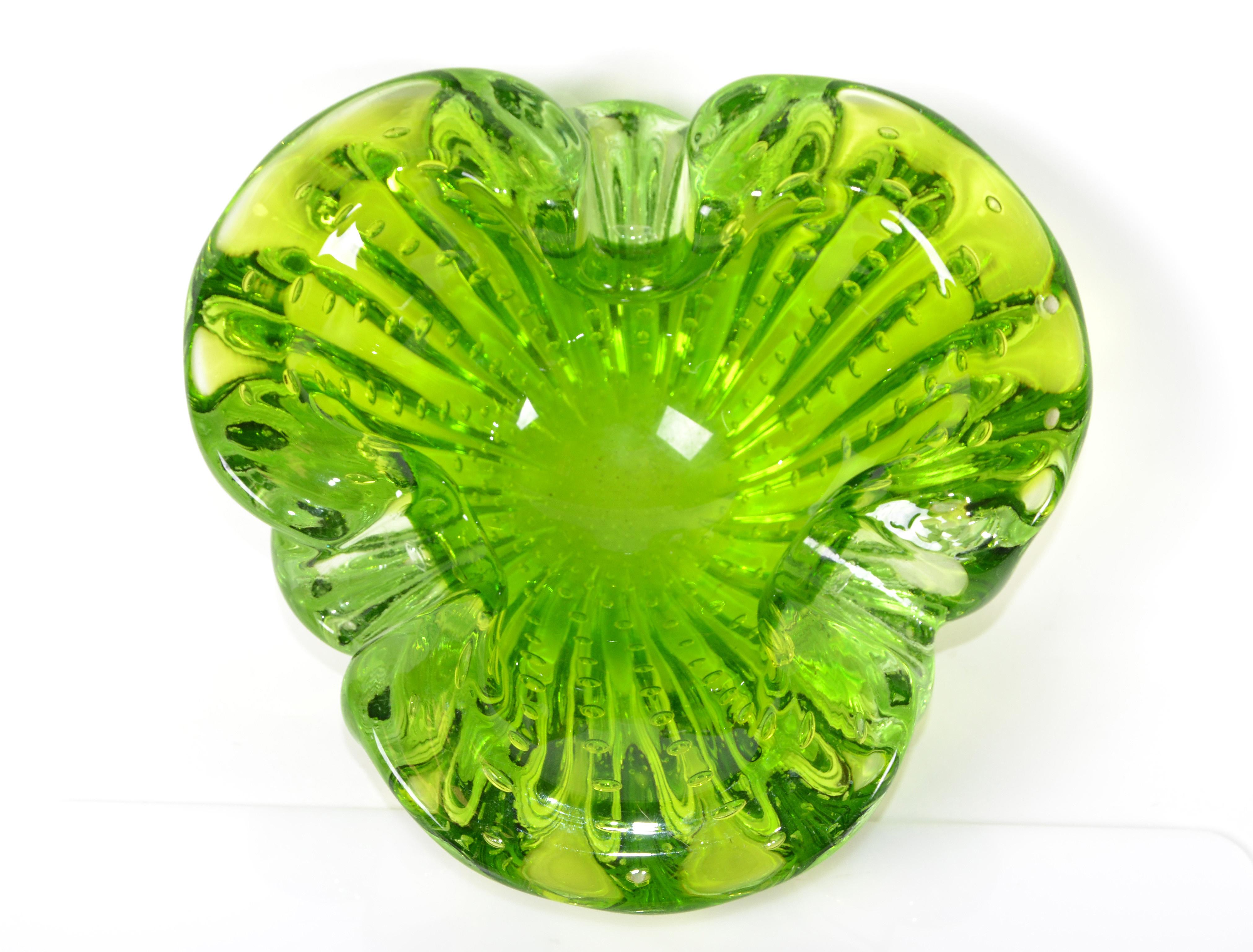 Italian Blown Murano Glass Neon Green Controlled Bubble Catchall, Bowl, Ashtray In Good Condition In Miami, FL