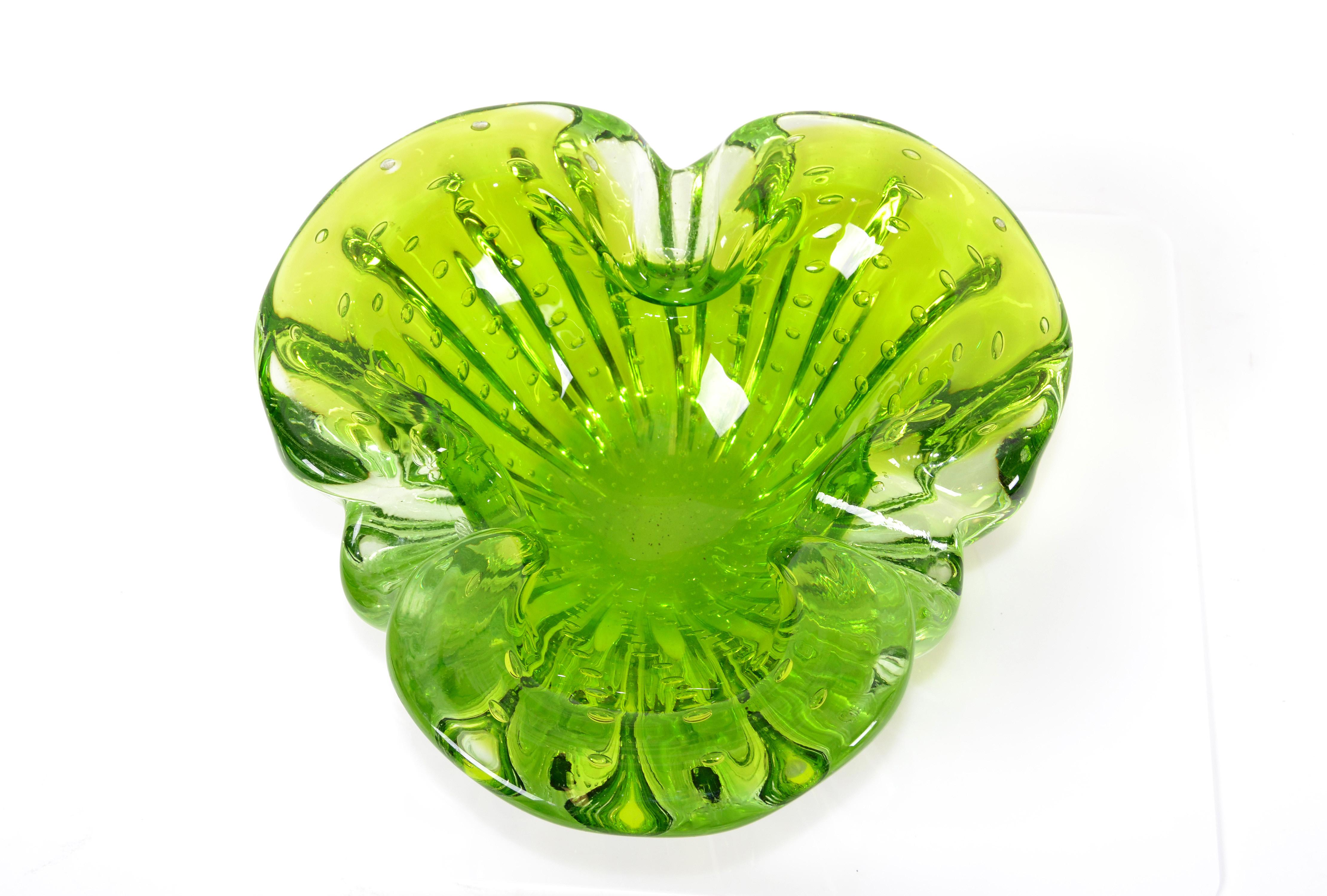 Late 20th Century Italian Blown Murano Glass Neon Green Controlled Bubble Catchall, Bowl, Ashtray