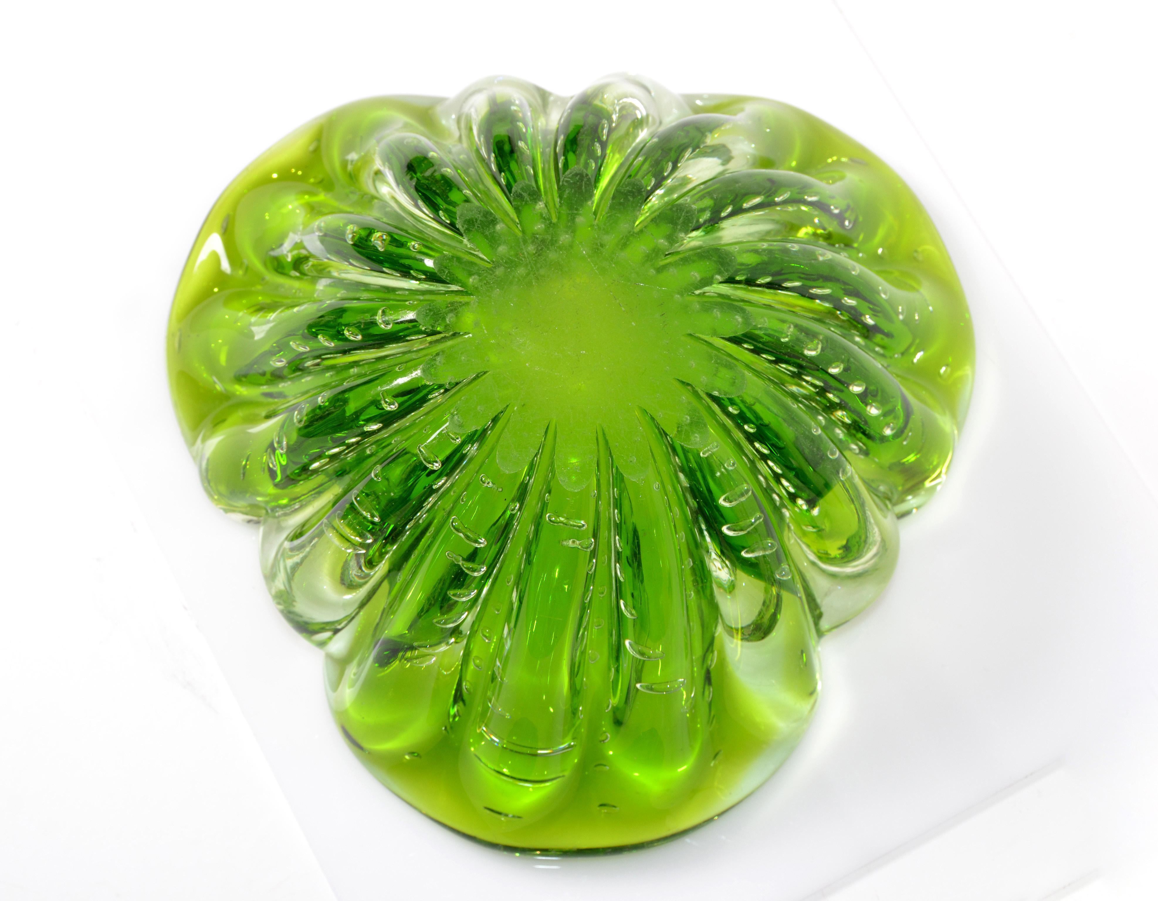 Italian Blown Murano Glass Neon Green Controlled Bubble Catchall, Bowl, Ashtray 2