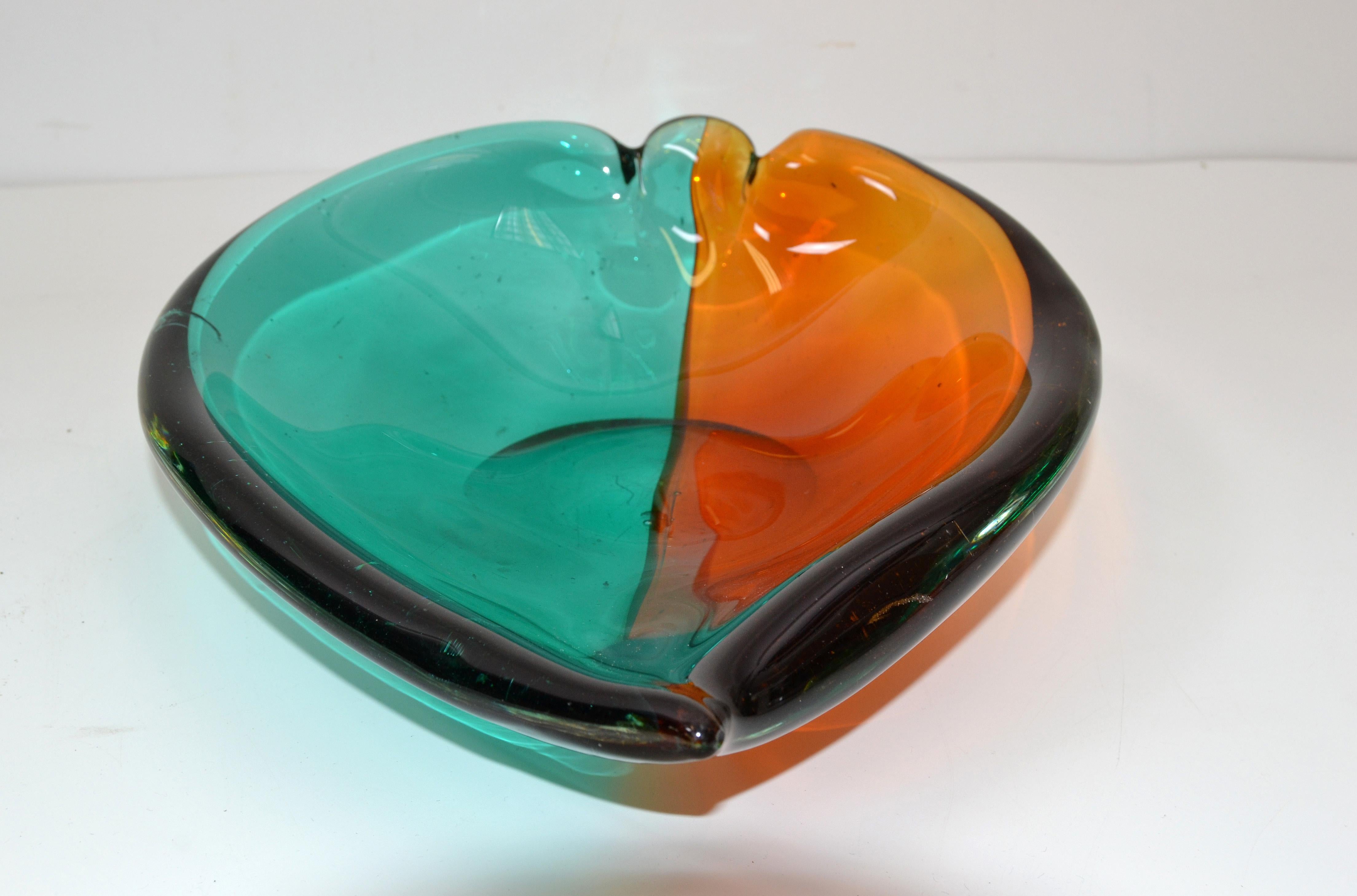 Italian Blown Murano Glass Orange and Green Art Glass Heart Bowl, Catchall, 1970 5