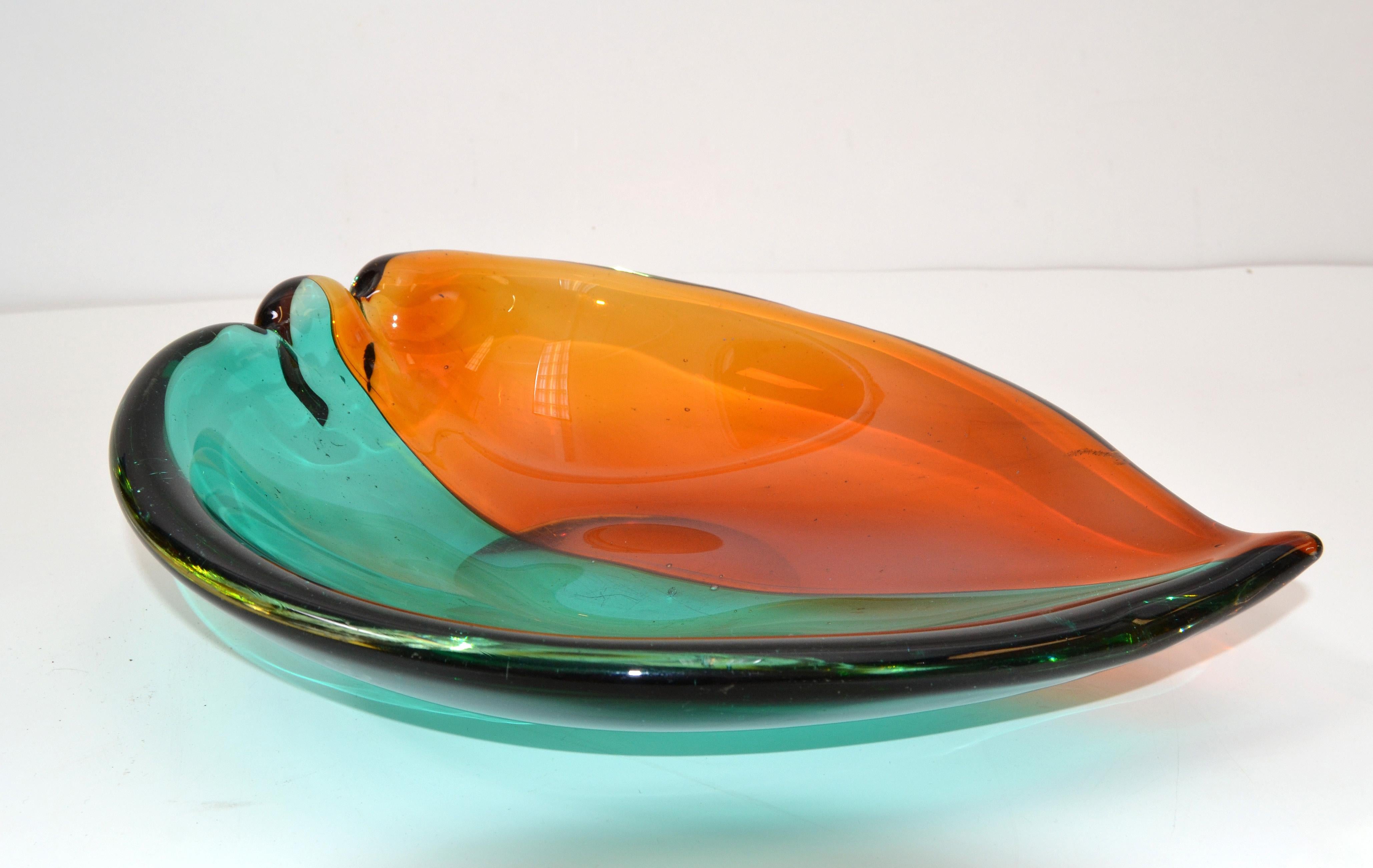 Italian Blown Murano Glass Orange and Green Art Glass Heart Bowl, Catchall, 1970 6