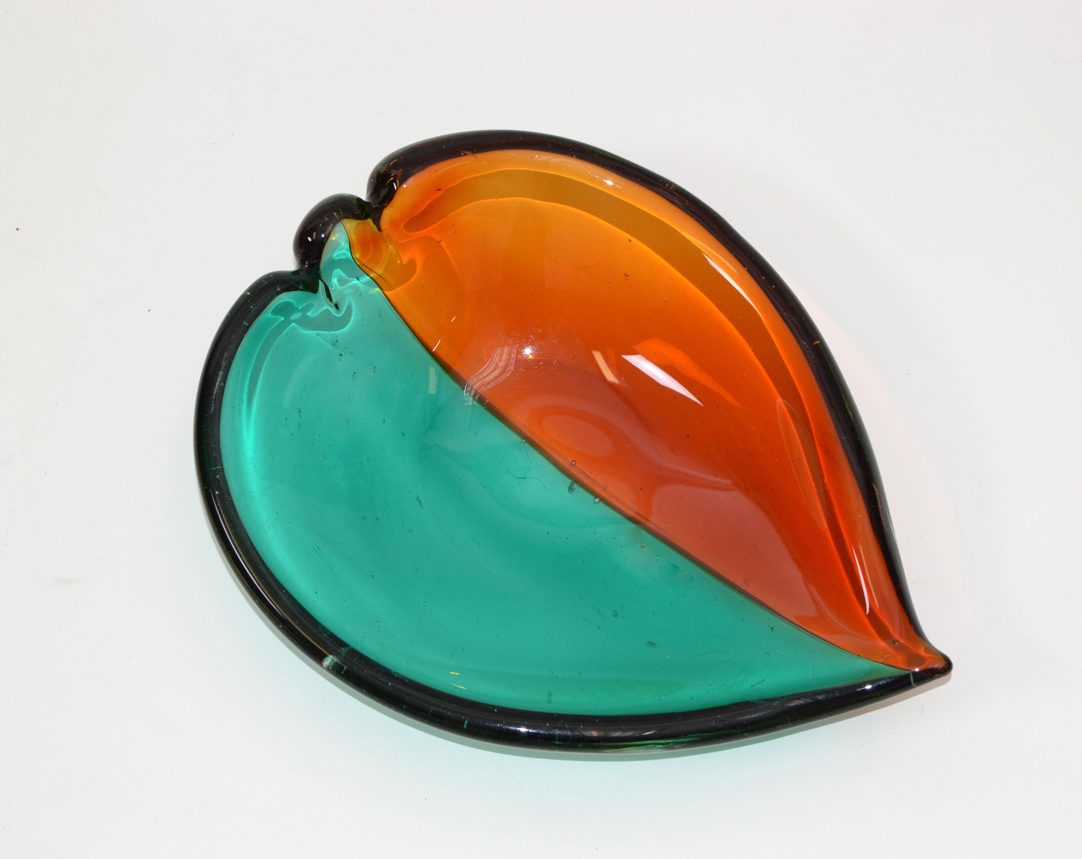 Mid-Century Modern Italian Blown Murano Glass Orange and Green Art Glass Heart Bowl, Catchall, 1970