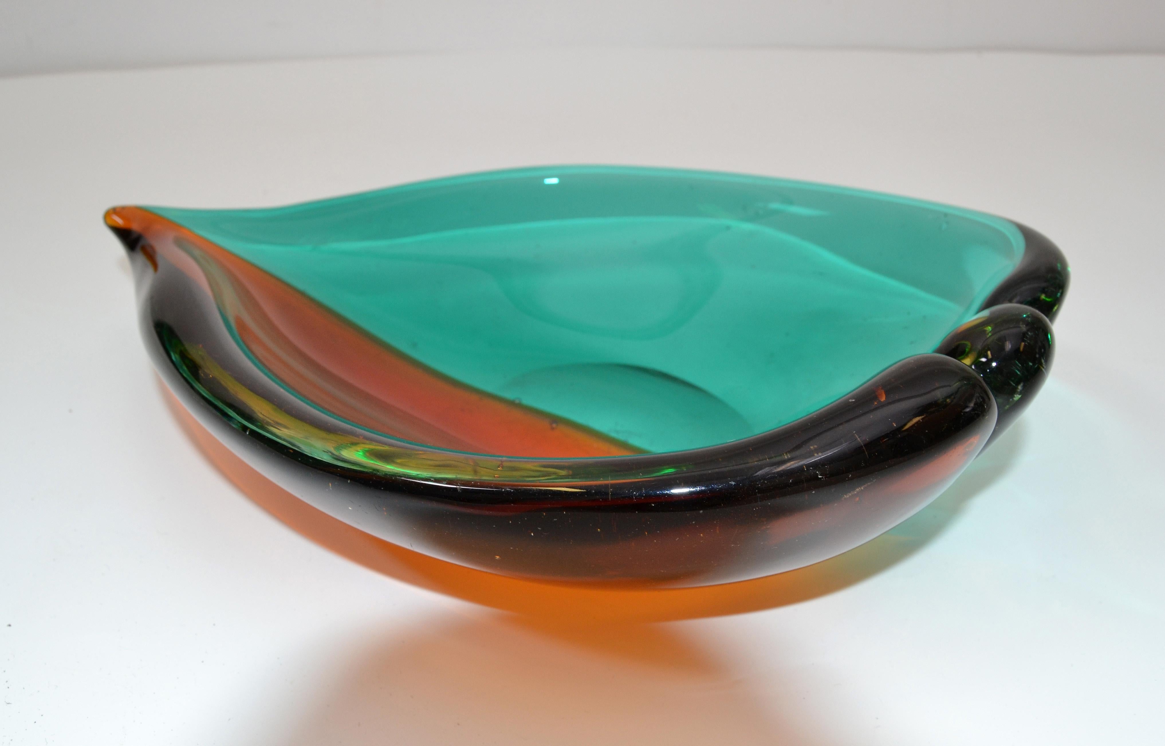 Hand-Crafted Italian Blown Murano Glass Orange and Green Art Glass Heart Bowl, Catchall, 1970