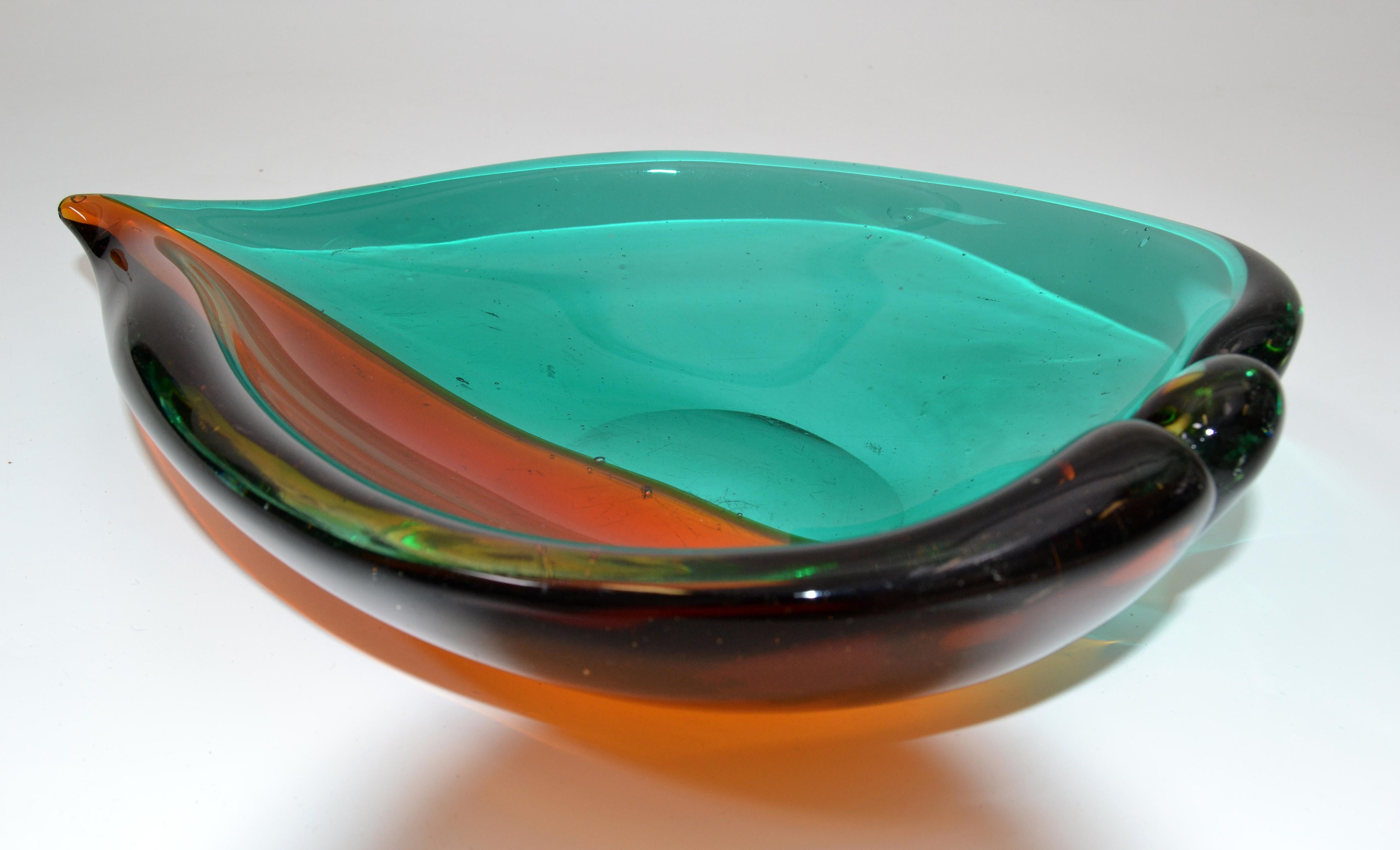 Late 20th Century Italian Blown Murano Glass Orange and Green Art Glass Heart Bowl, Catchall, 1970