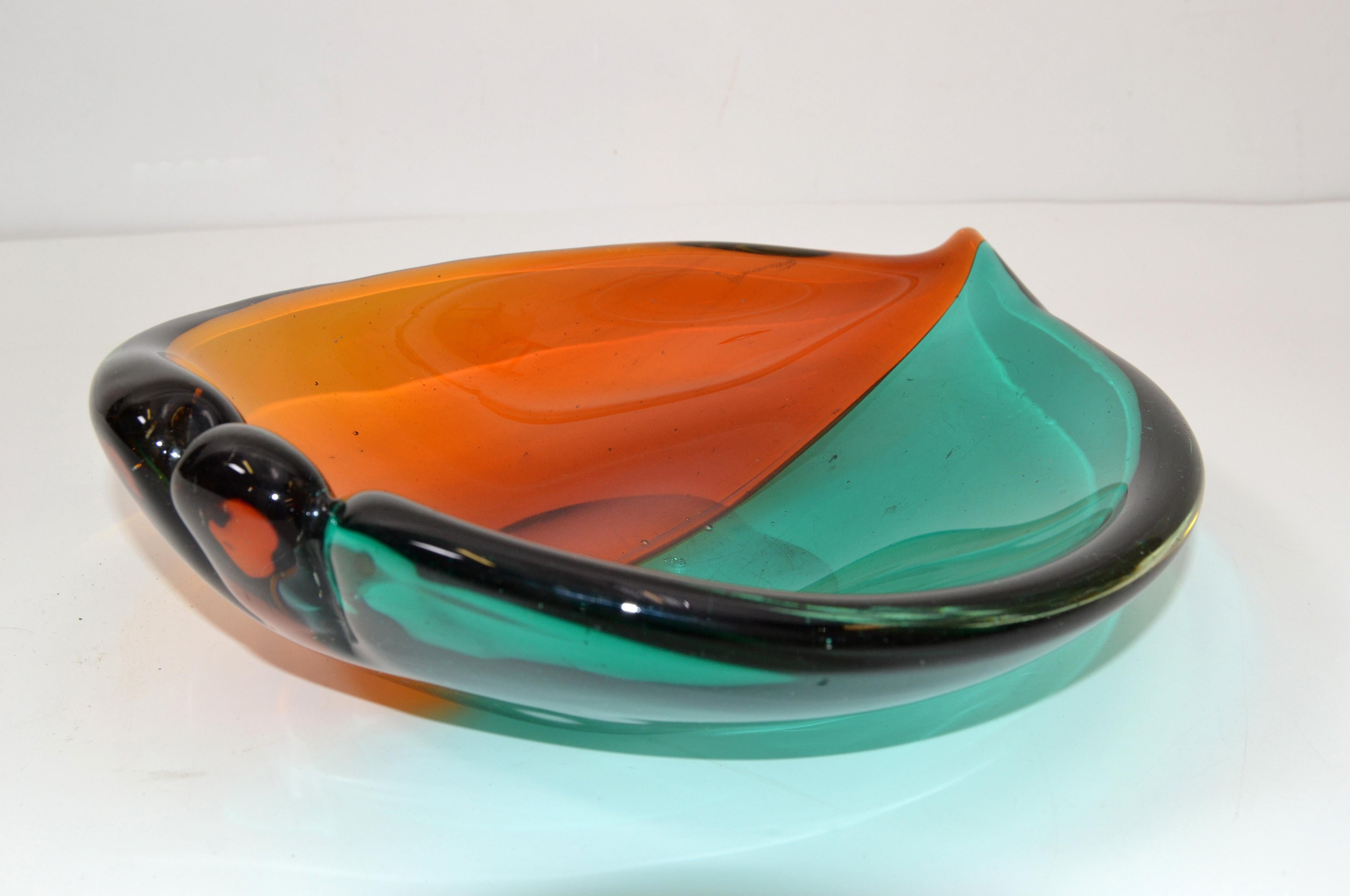 Italian Blown Murano Glass Orange and Green Art Glass Heart Bowl, Catchall, 1970 1