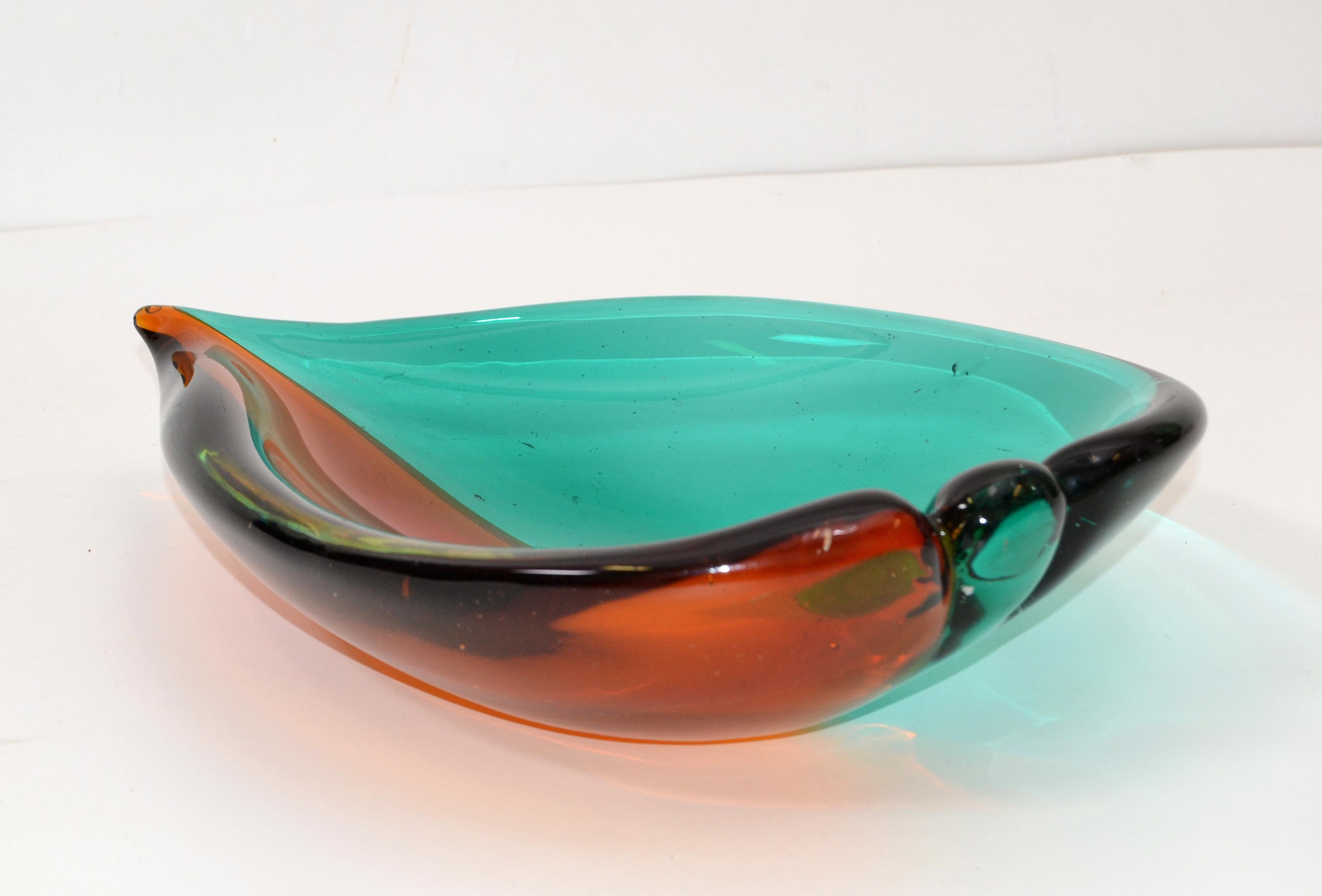 Italian Blown Murano Glass Orange and Green Art Glass Heart Bowl, Catchall, 1970 3