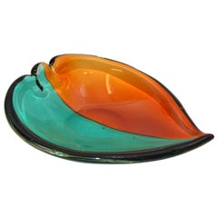 Italian Blown Murano Glass Orange and Green Art Glass Heart Bowl, Catchall, 1970