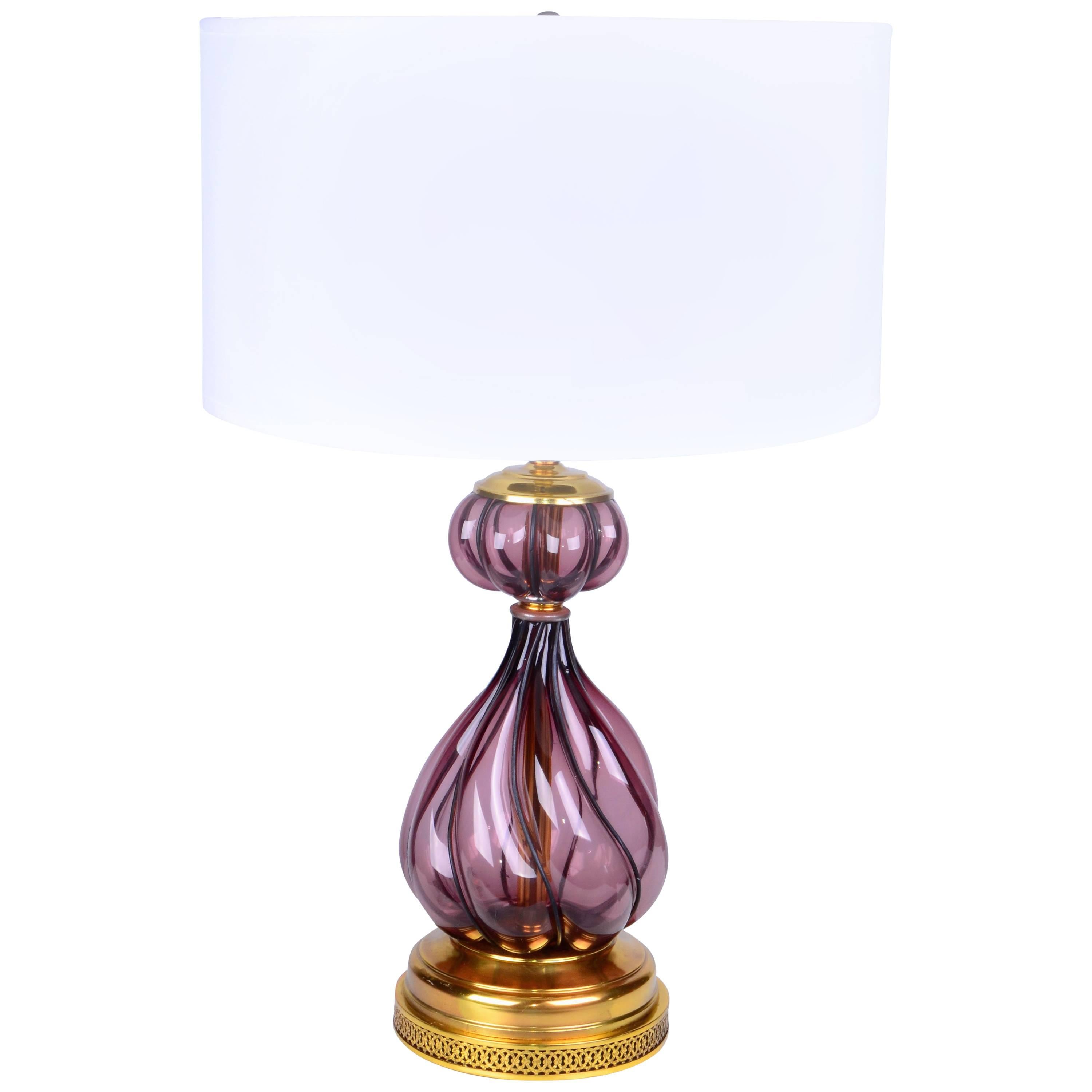 Italian Blown Purple Art Glass Brass Table Lamp Mid-Century Modern