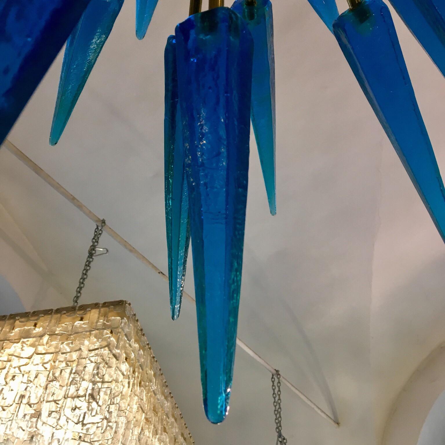 Italian Blue Murano Glass Sputnik Chandelier Brass Structure, 1970s 1