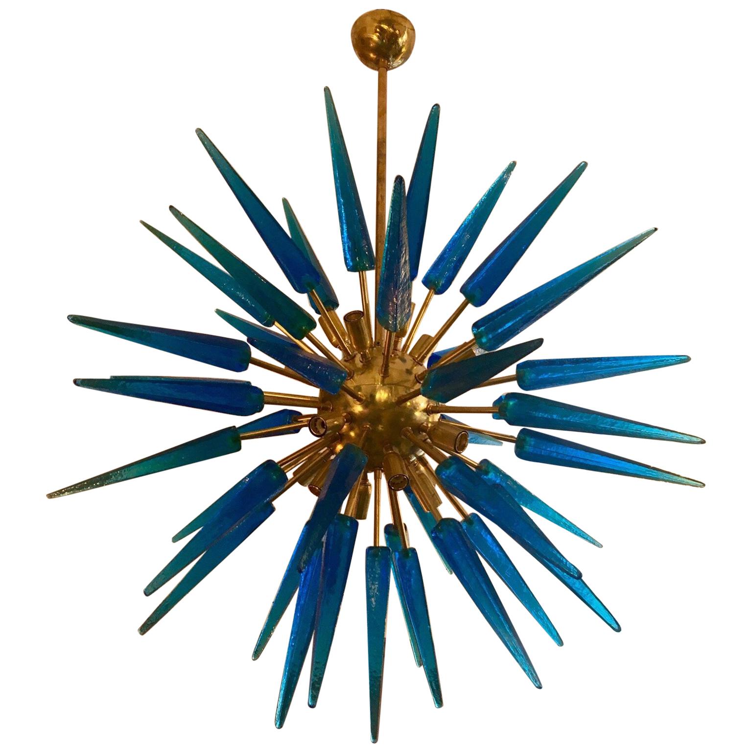 Italian Blue Murano Glass Sputnik Chandelier Brass Structure, 1970s