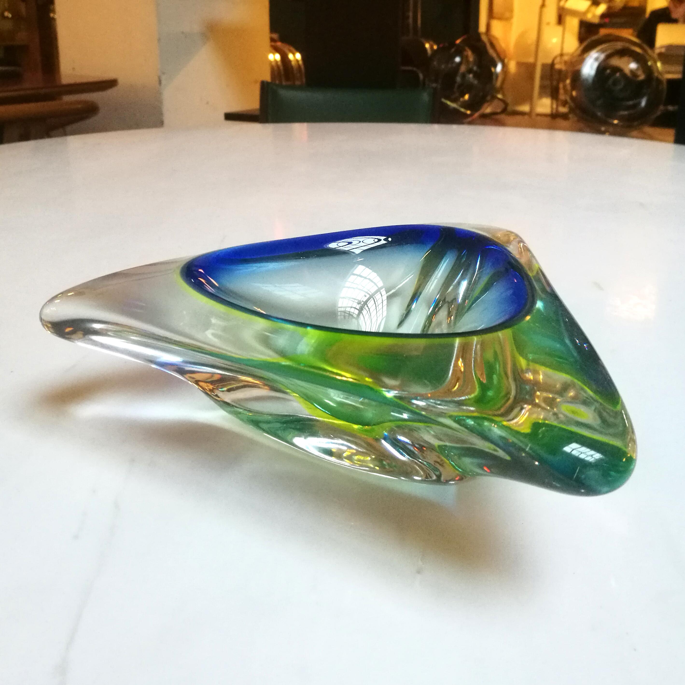 Italian Blue and Green Murano Glass Ashtray, from the Sommersi Series, 1950s In Good Condition For Sale In MIlano, IT