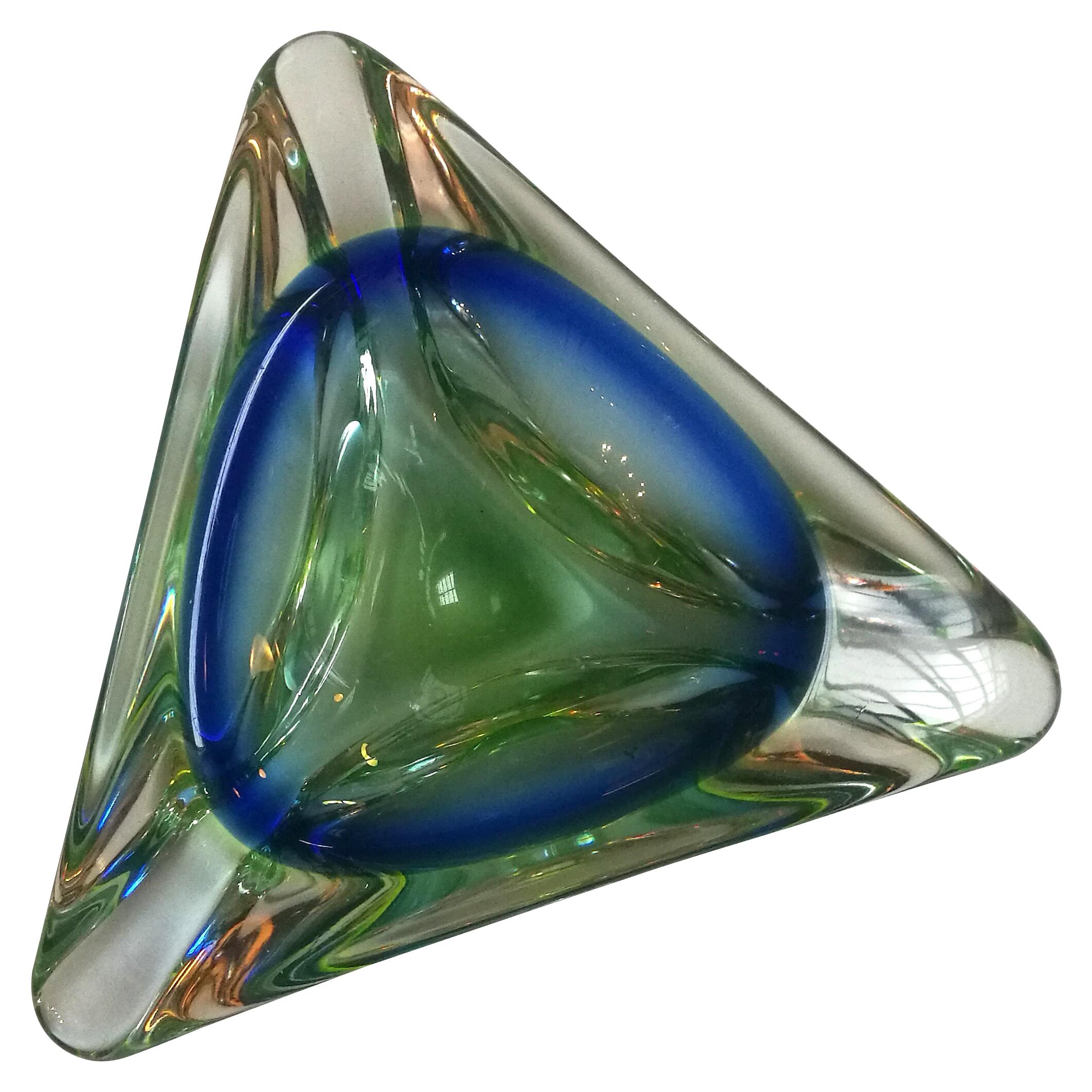 Cenicero italiano de cristal de Murano azul y verde, de la serie Sommersi, años 50