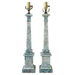 Vintage Italian Blue and White Alabaster Marble Column Table Lamps, Pair