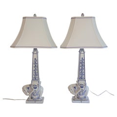 Italian Blue and White Ceramic Elephant Obelisk Lamps with Pagoda Shades, 1960s