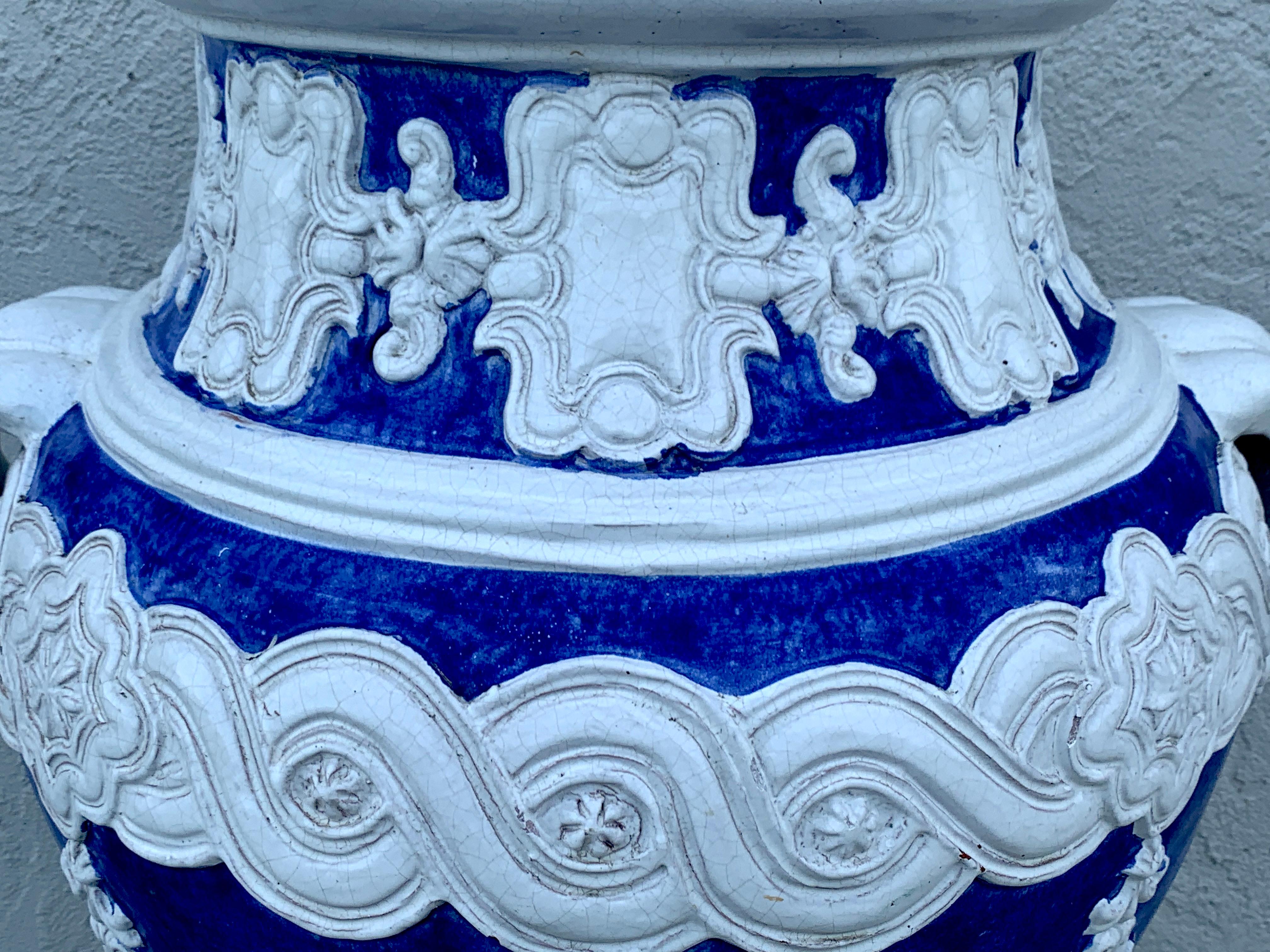 Glazed Italian Blue and White Della Robbia Style Jardinière, Provenance, Celine Dion For Sale