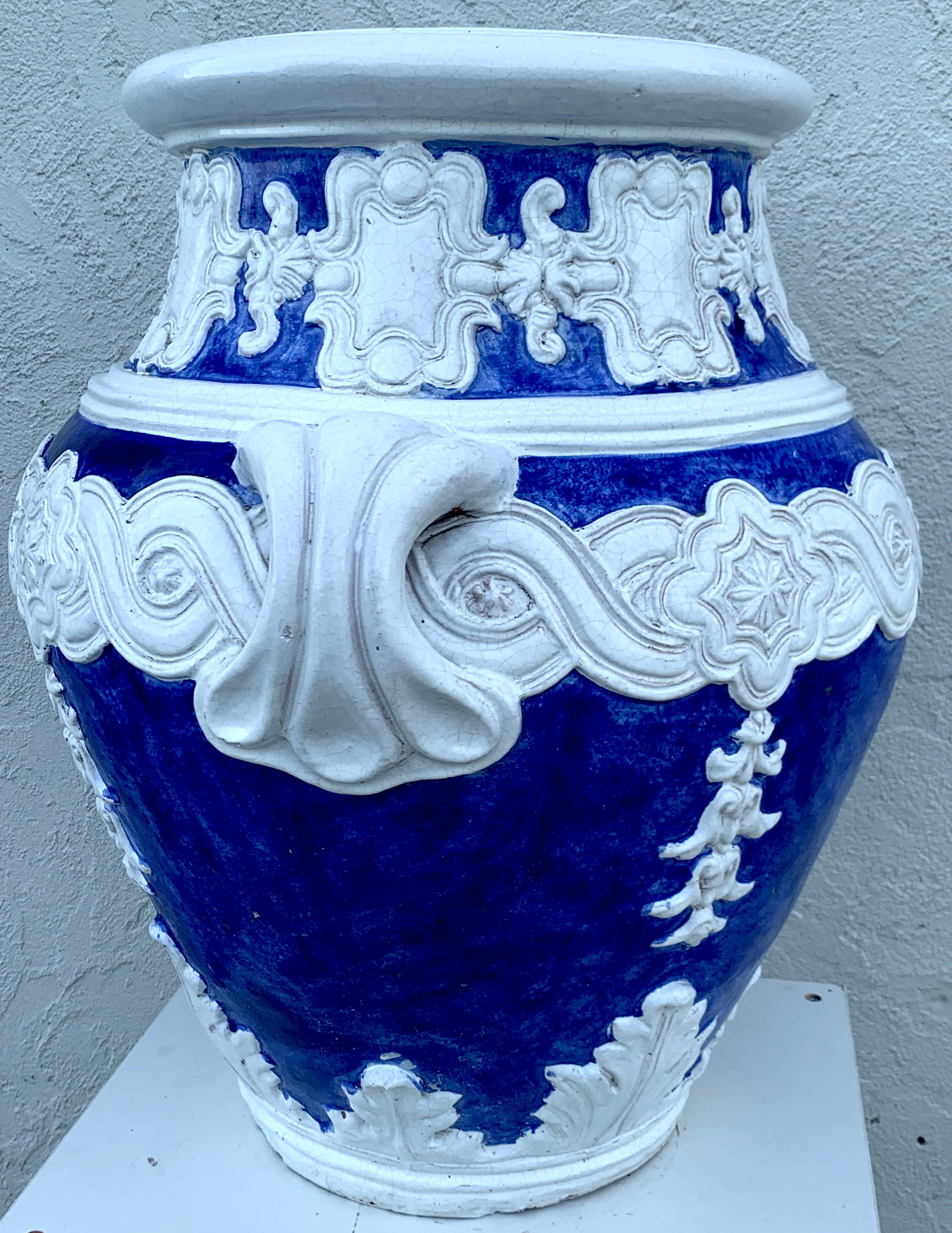 Terracotta Italian Blue and White Della Robbia Style Jardiniere, Provenance, Celine Dion