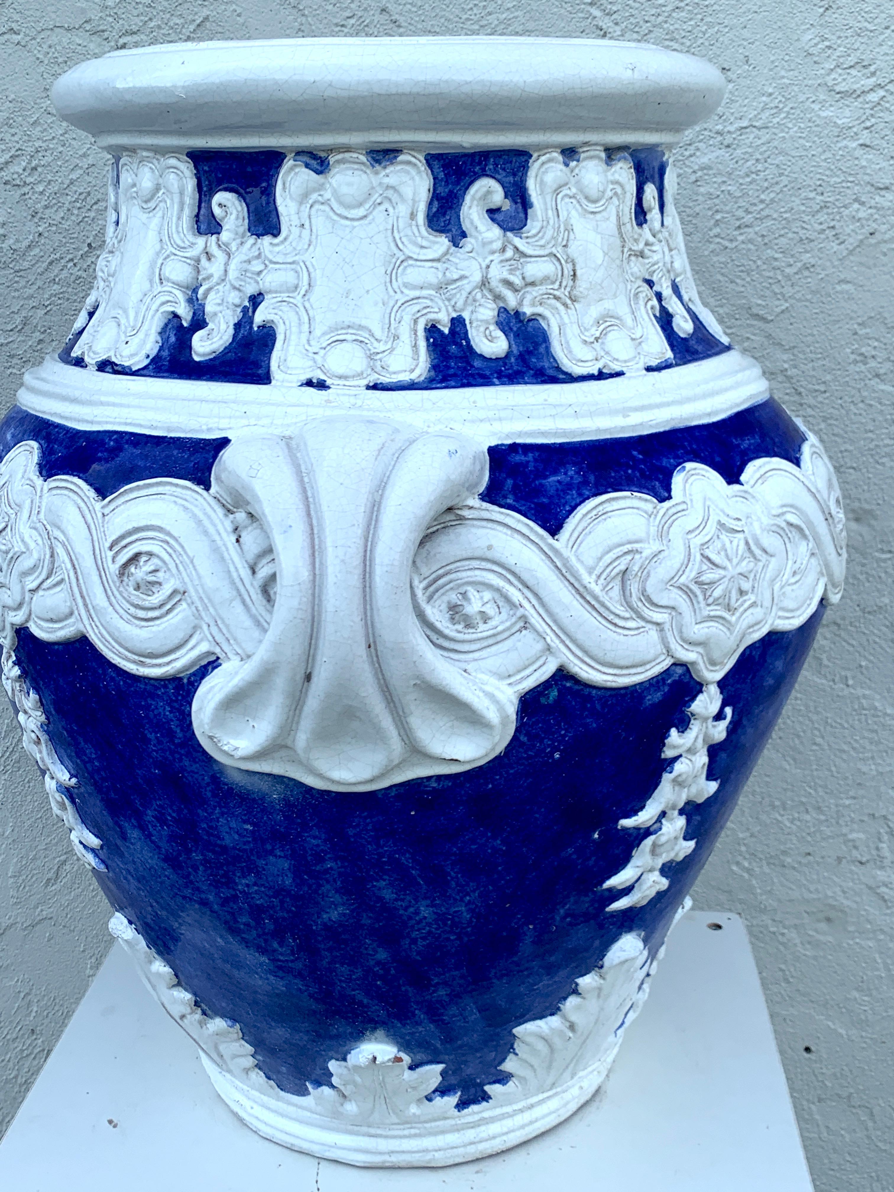 Terracotta Italian Blue and White Della Robbia Style Jardinière, Provenance, Celine Dion For Sale