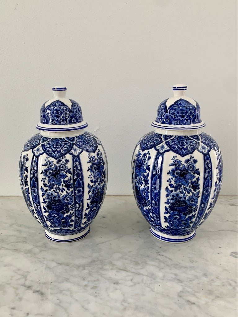 Italian Blue and White Porcelain Ginger Jars by Ardalt Blue Delfia, Pair For Sale at 1stDibs