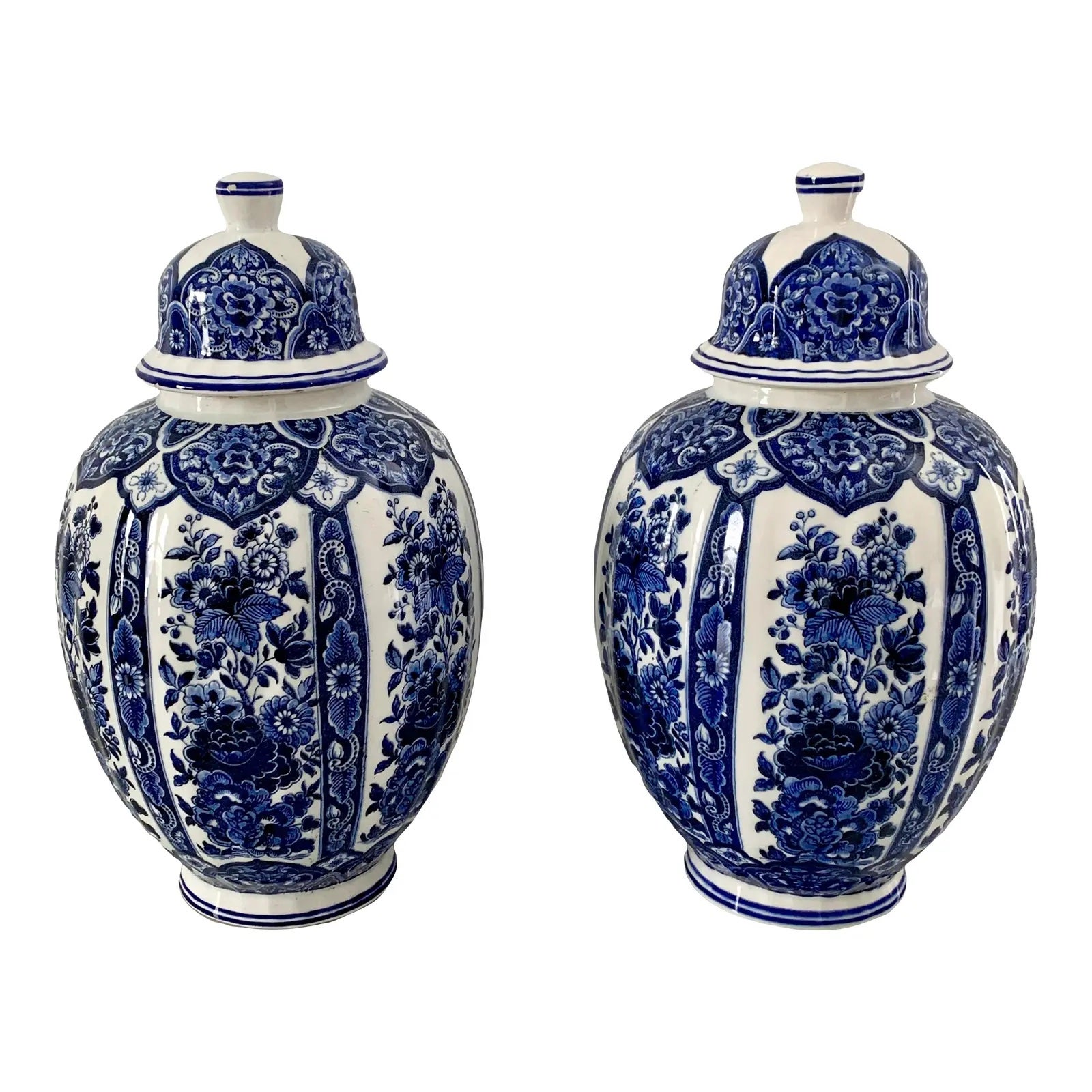 Italian Blue and White Porcelain Ginger Jars by Ardalt Blue Delfia, Pair