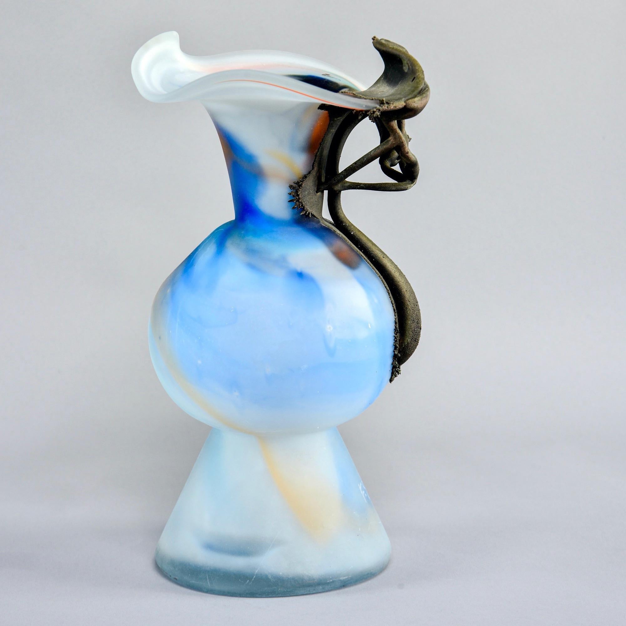 Late 20th Century Italian Blue Art Glass Vase with Bronze Flower Overlay For Sale