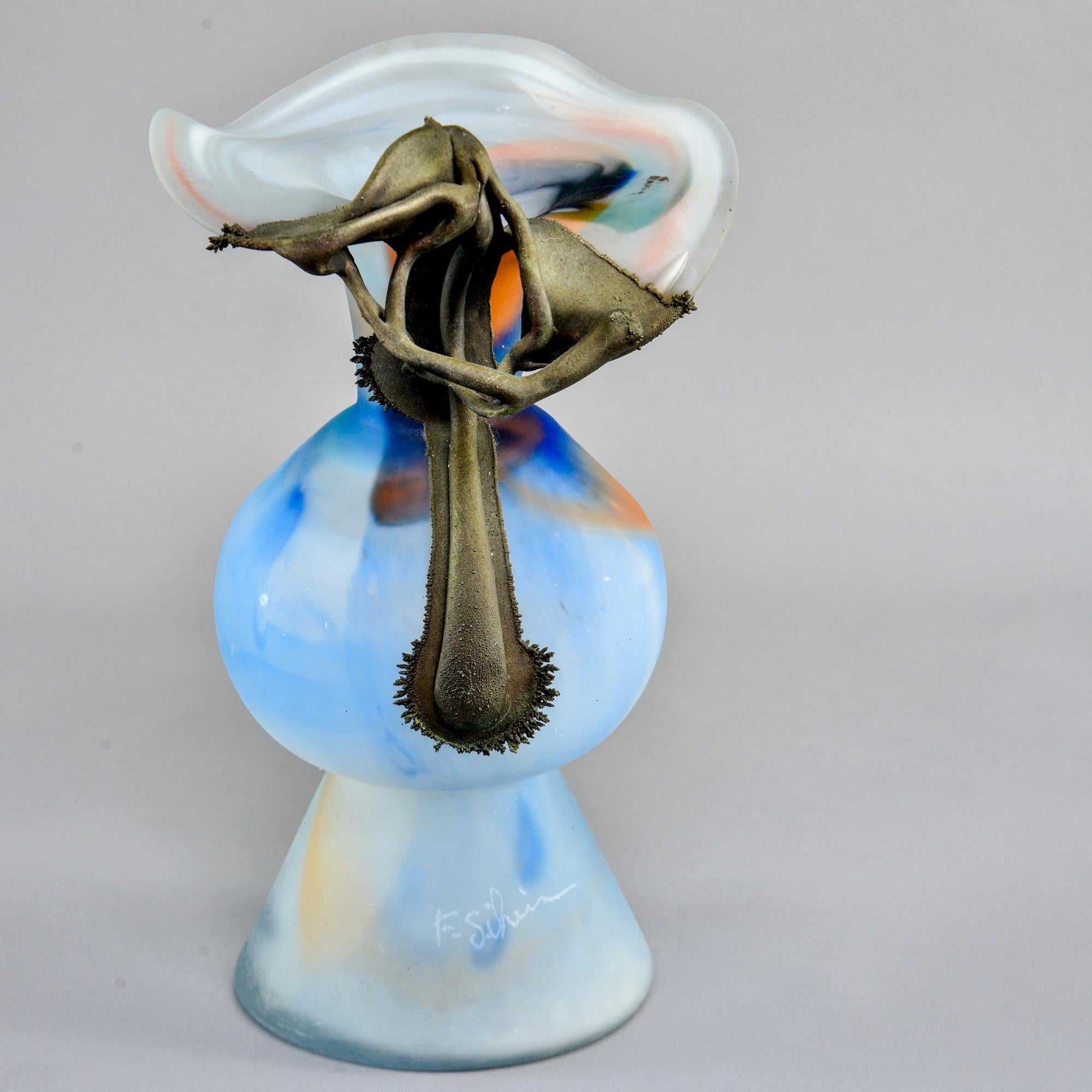 Italian Blue Art Glass Vase with Bronze Flower Overlay For Sale 1