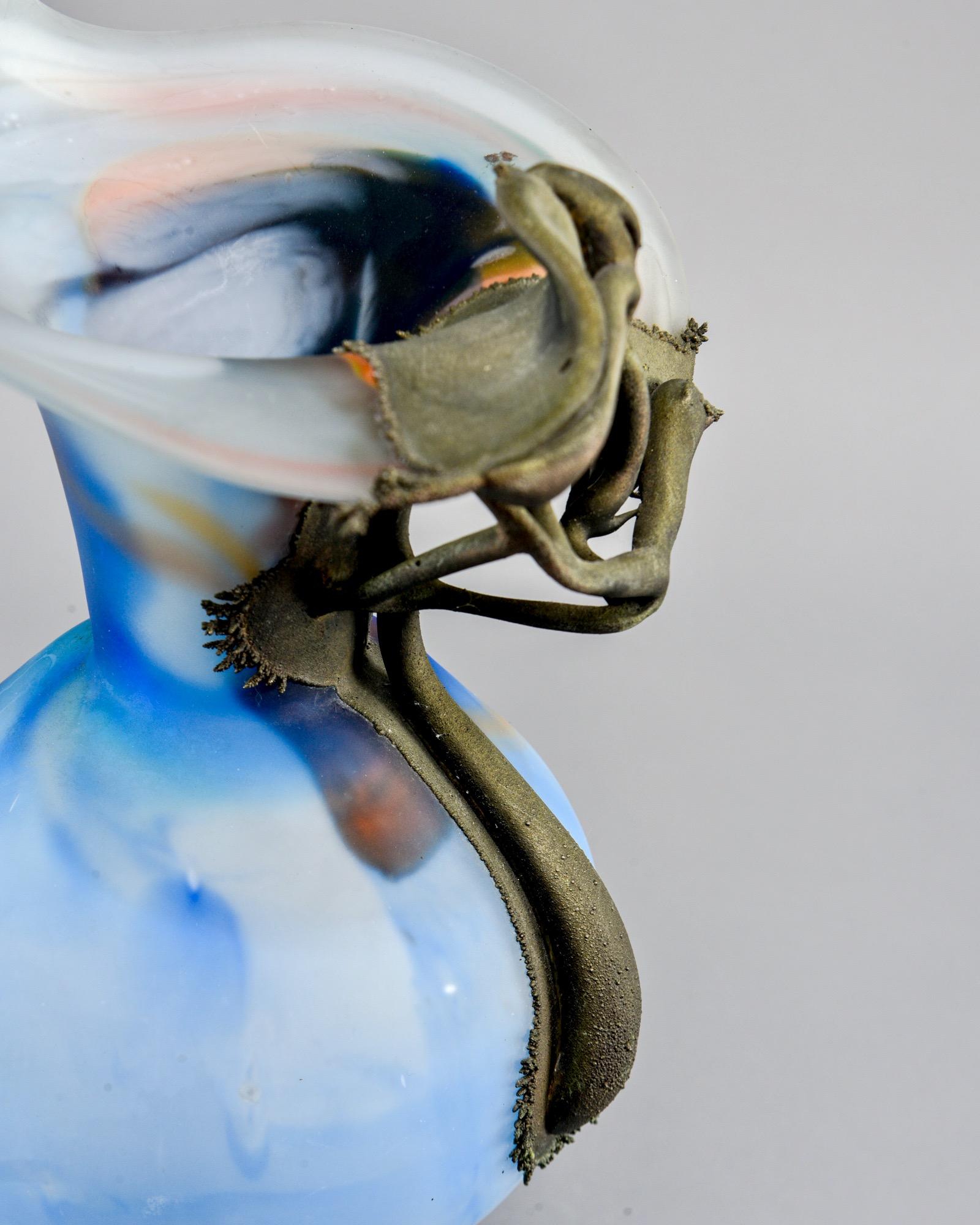 Italian Blue Art Glass Vase with Bronze Flower Overlay For Sale 3