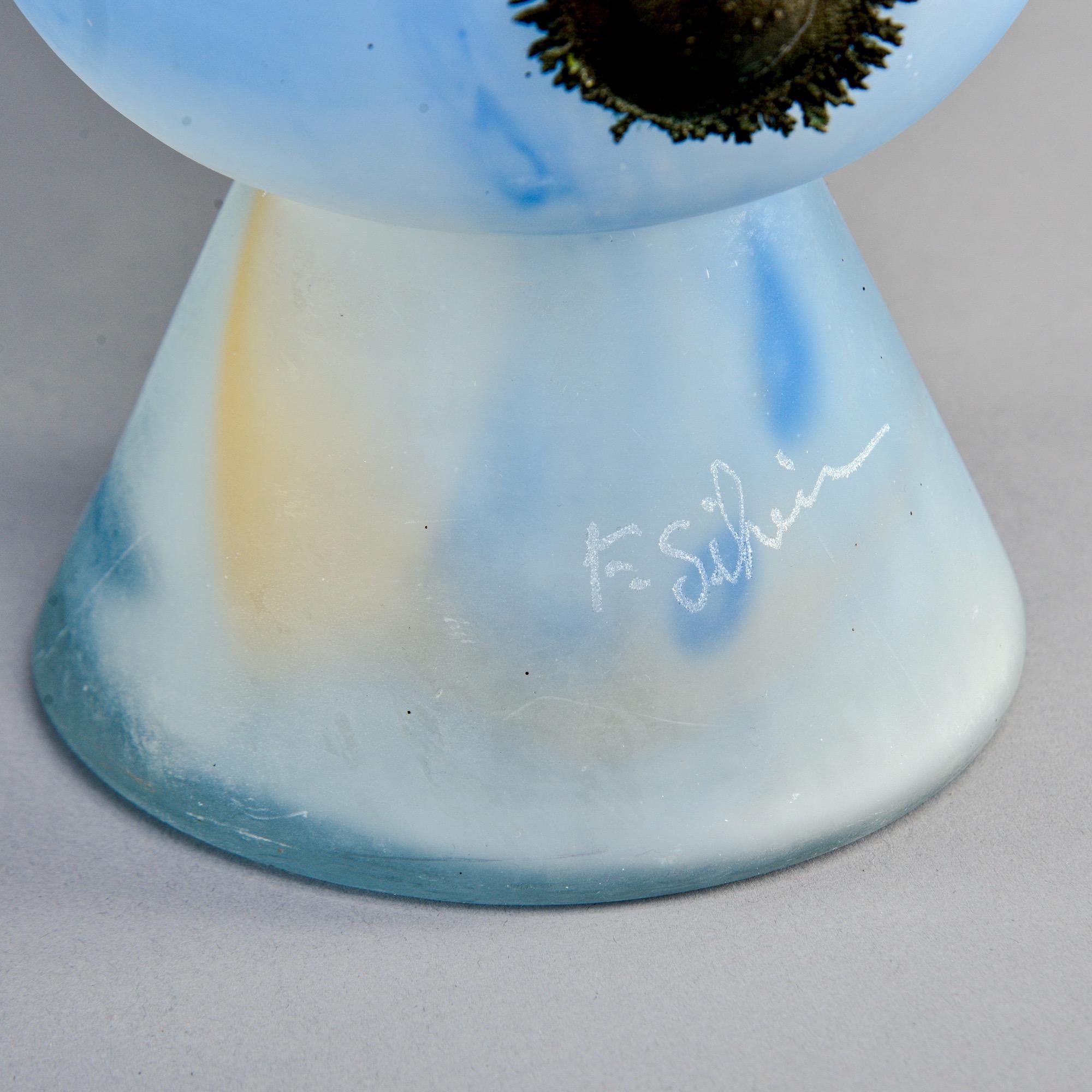 Italian Blue Art Glass Vase with Bronze Flower Overlay For Sale 4