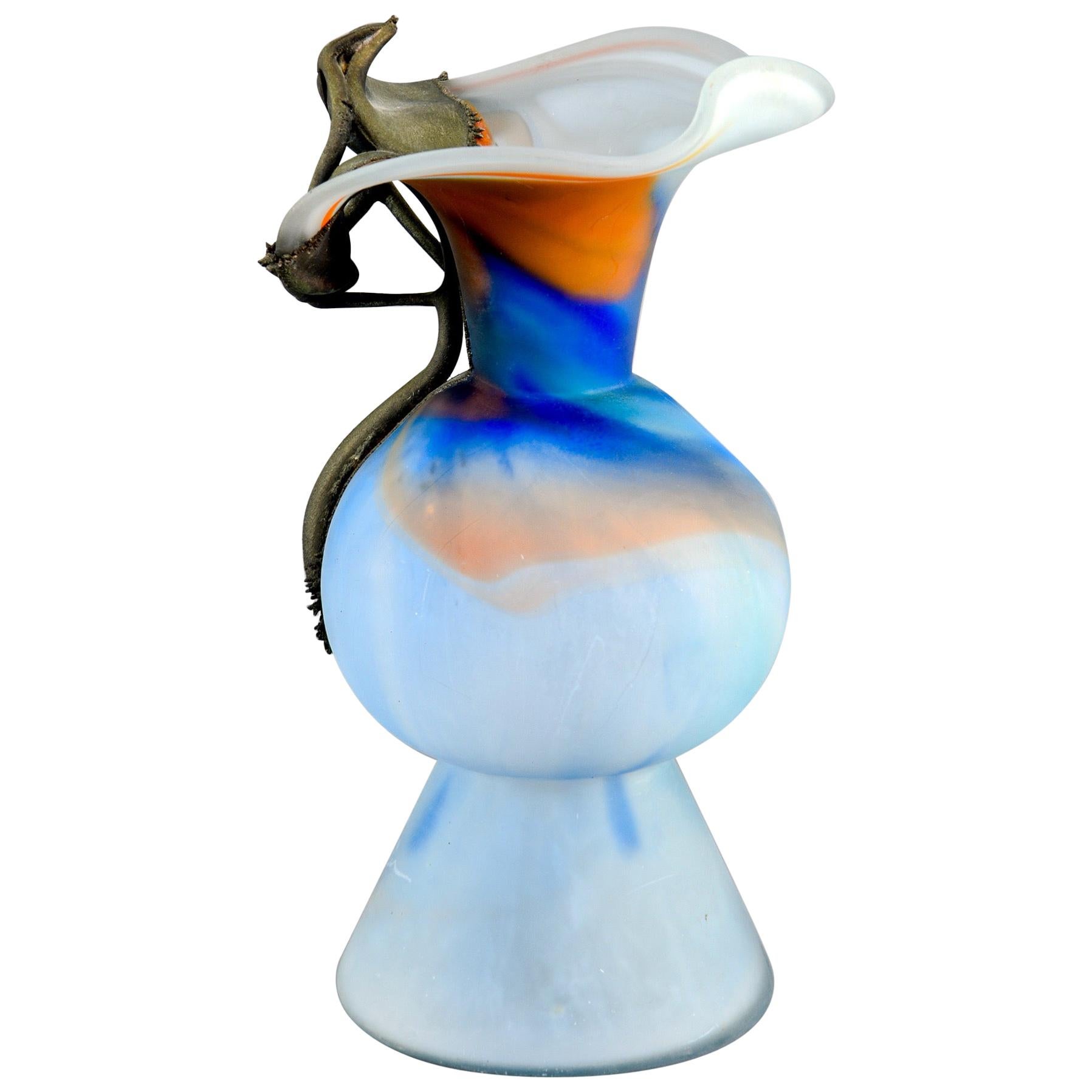 Italian Blue Art Glass Vase with Bronze Flower Overlay