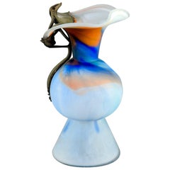 Vintage Italian Blue Art Glass Vase with Bronze Flower Overlay