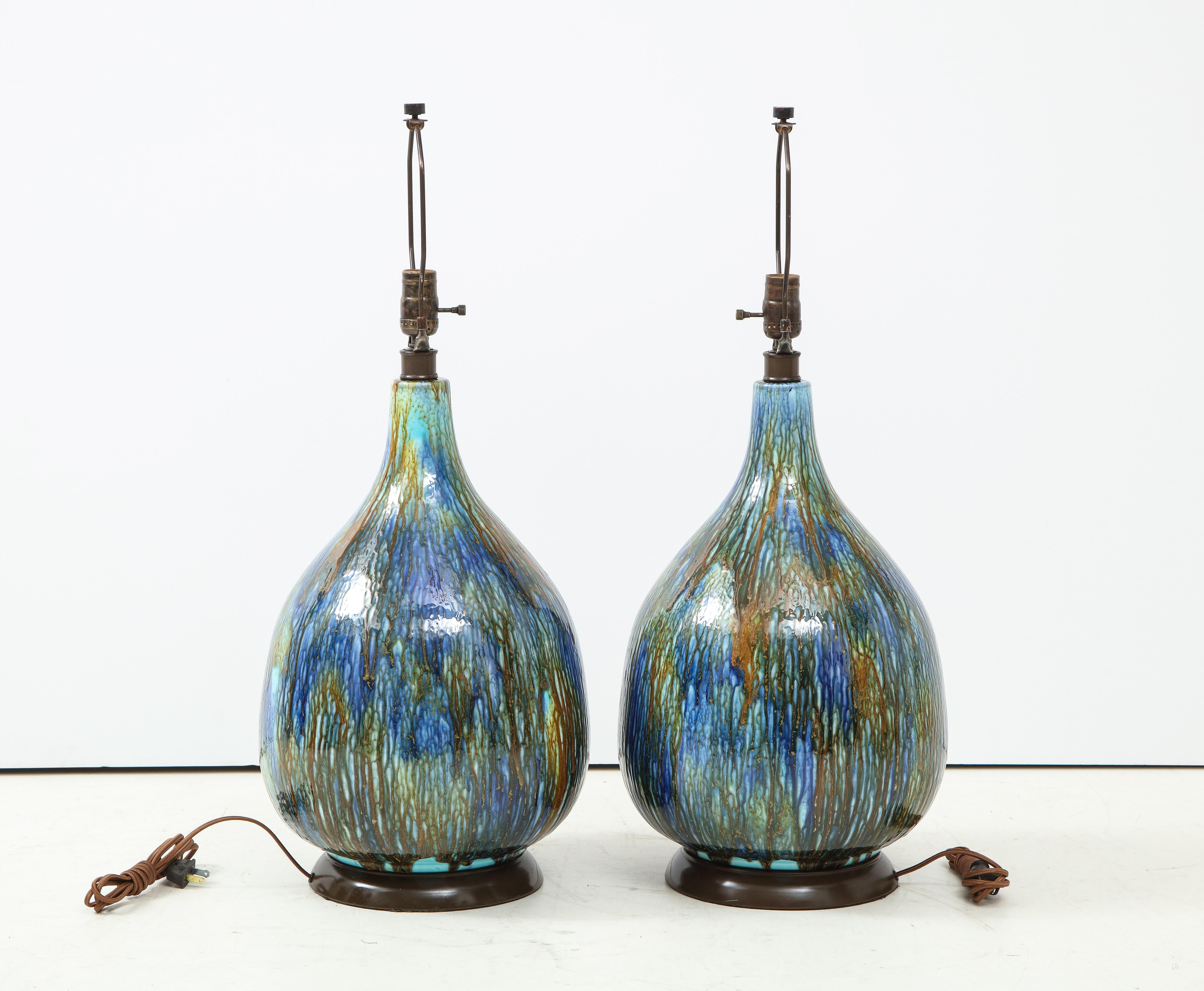 Mid-Century Modern Italian Blue, Brown Drip Glaze Lamps