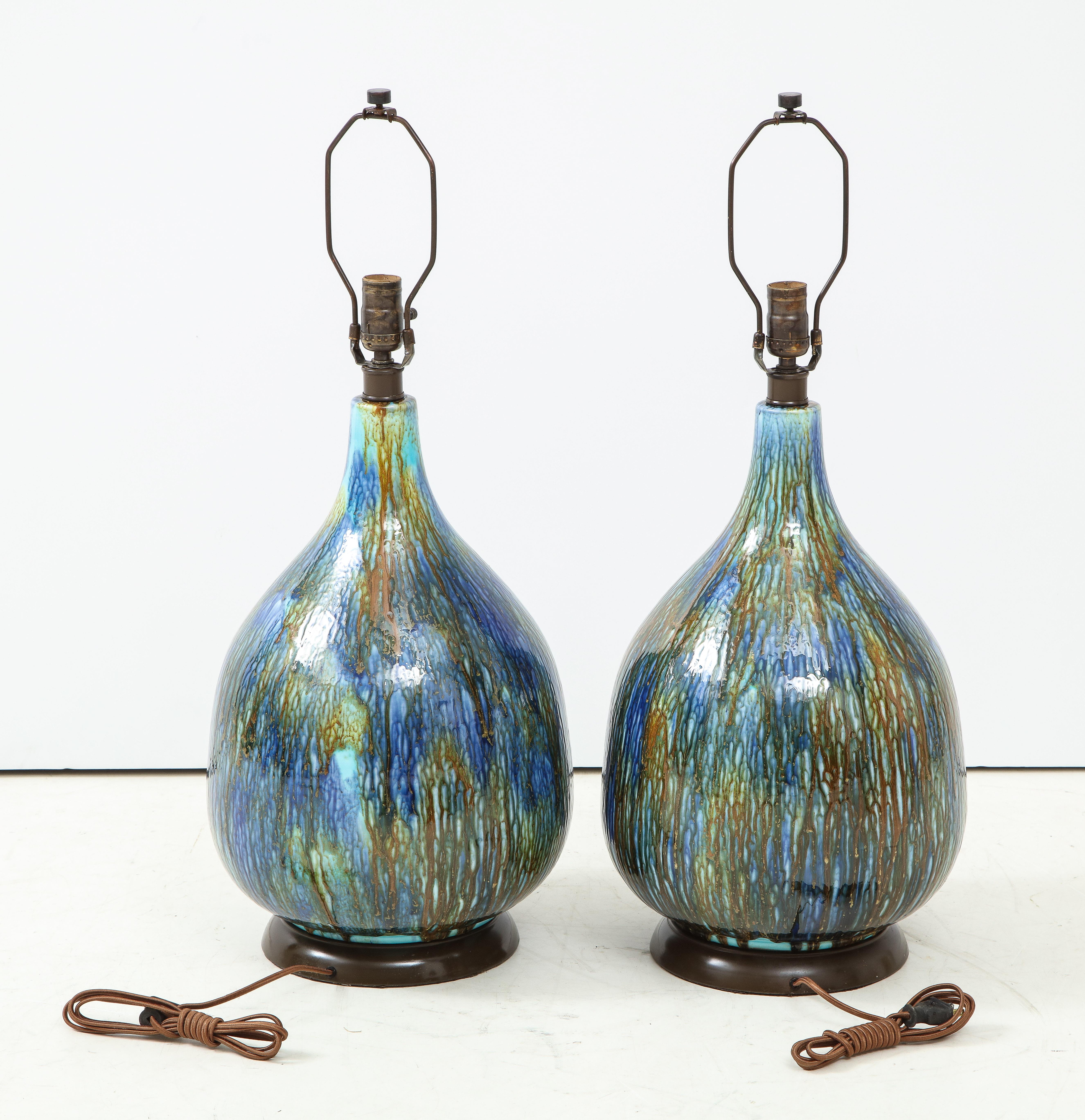 Italian Blue, Brown Drip Glaze Lamps In Excellent Condition In New York, NY