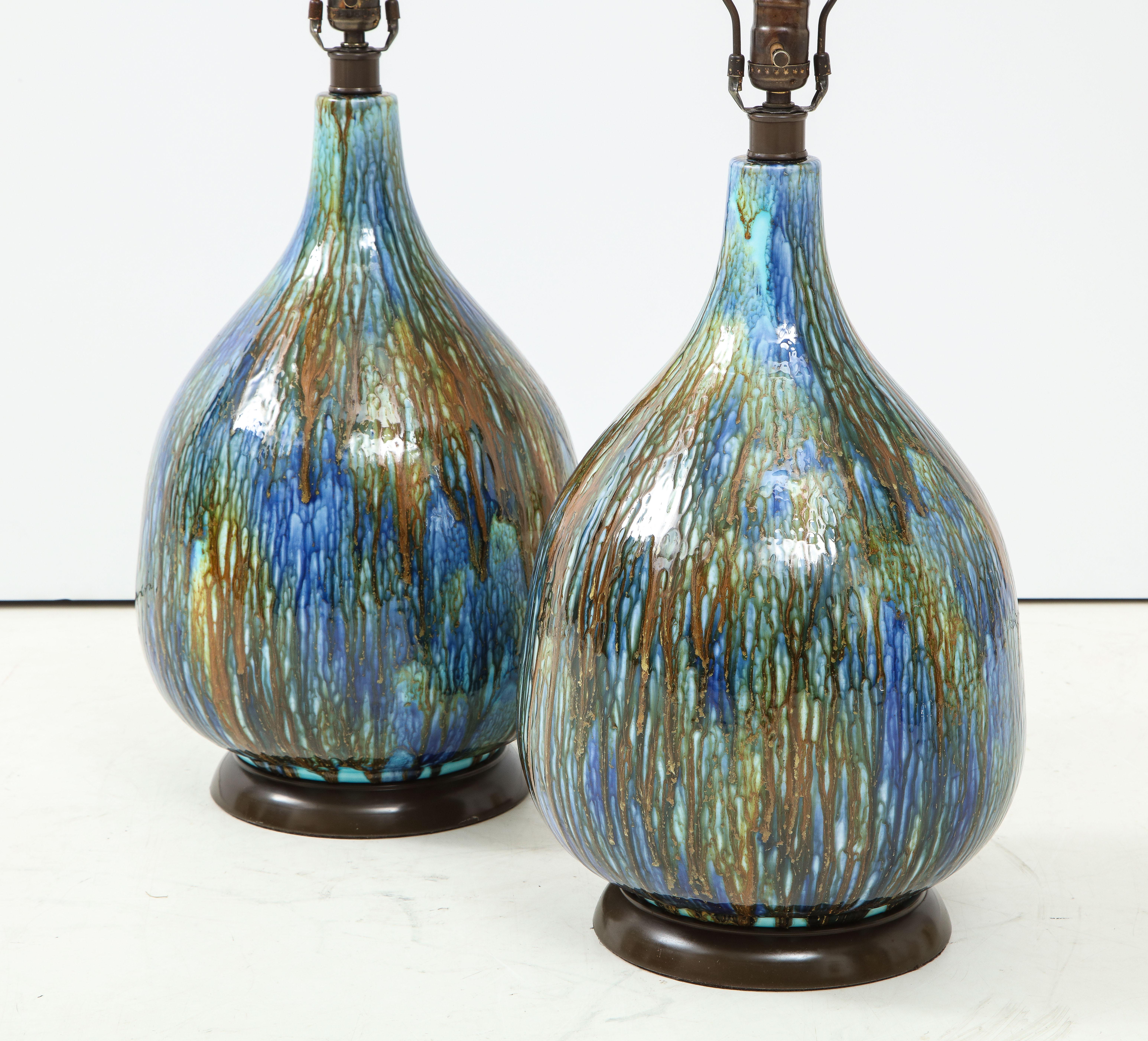20th Century Italian Blue, Brown Drip Glaze Lamps
